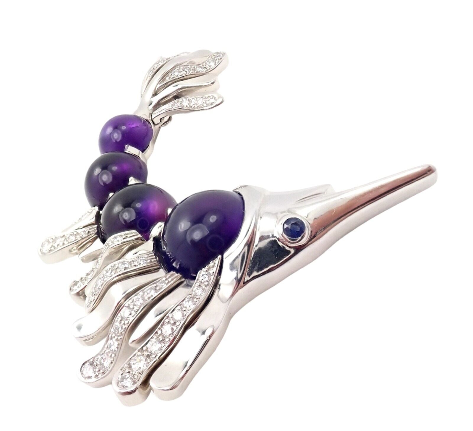 Chanel 18k White Gold Amethyst Diamond Miami Marlin Fish Brooch Pendant | Fortrove