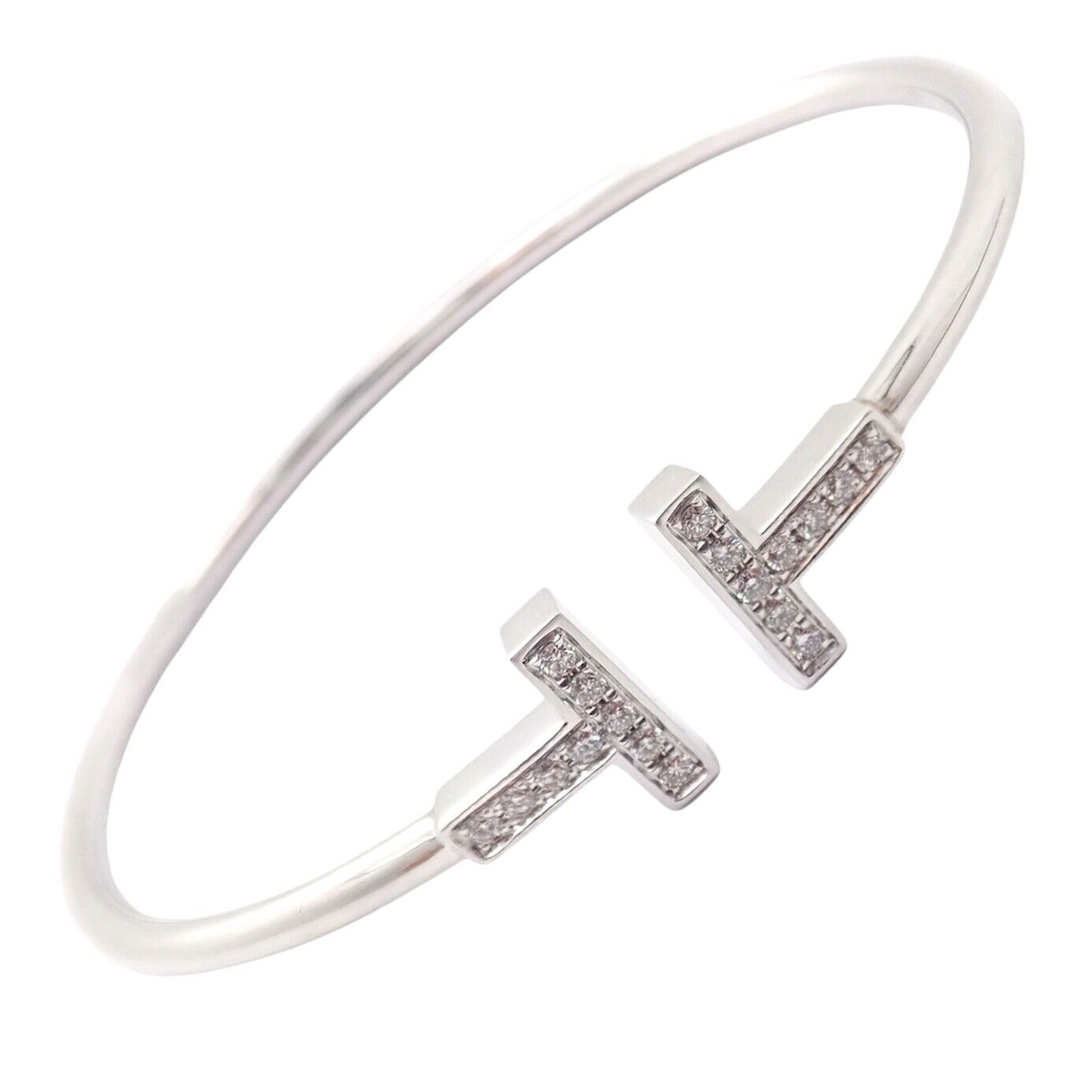 Authentic! Tiffany & Co 18k White Gold Diamond T Wire Flex Bracelet | Fortrove