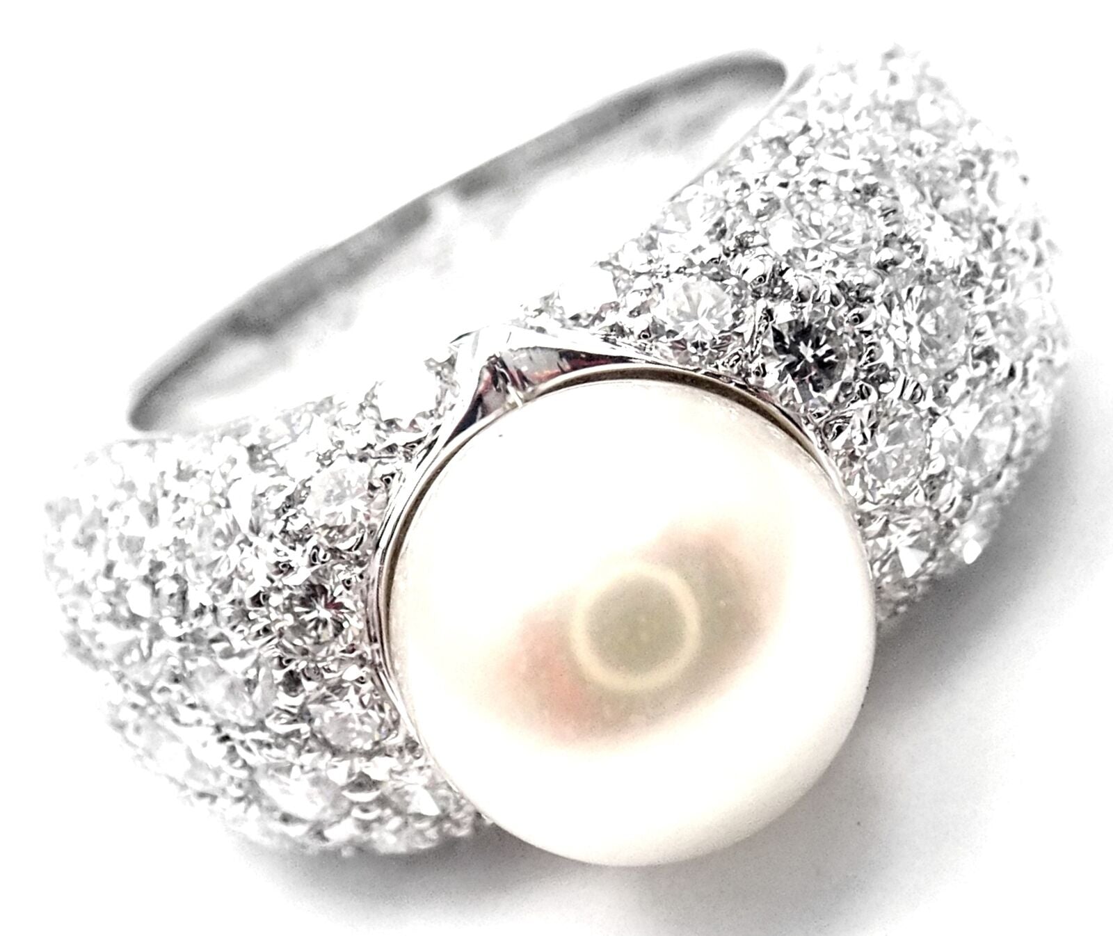 Authentic! Cartier Juliette 18k White Gold Cultured Pearl Diamond Band Ring | Fortrove
