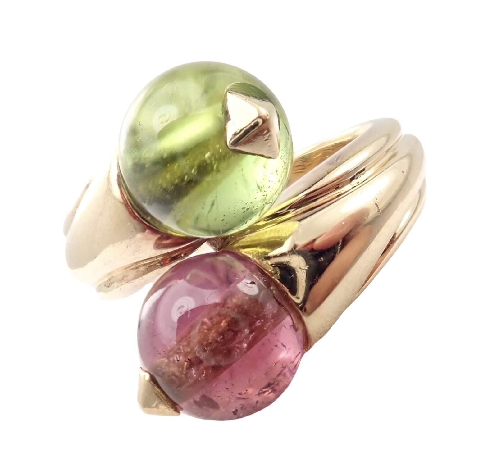 Vintage Bulgari Bvlgari 18k Yellow Gold Pink + Green Tourmaline Bypass Ring | Fortrove