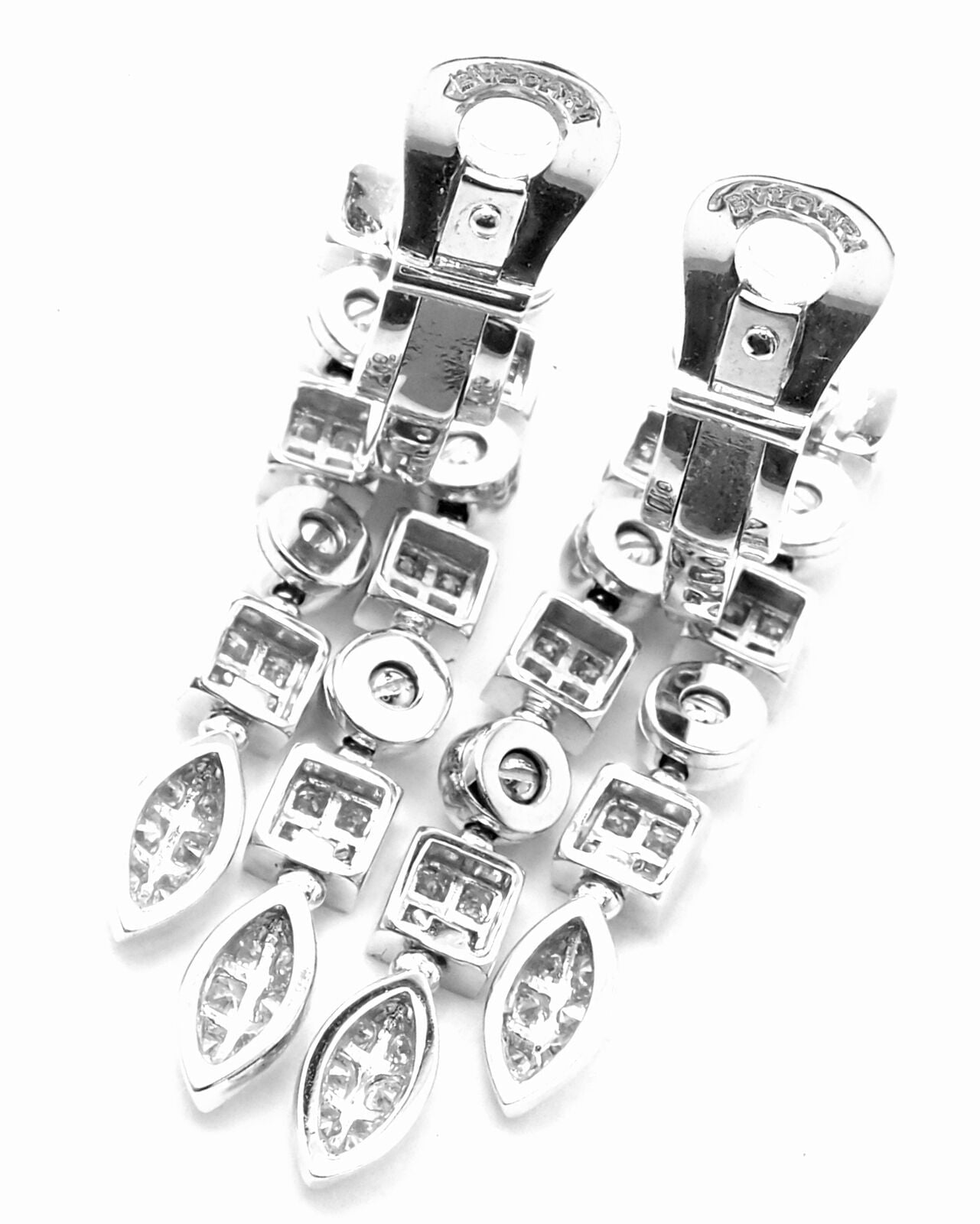 Authentic! Bulgari Bvlgari Lucea 18k White Gold Diamond Long Drop Earrings | Fortrove