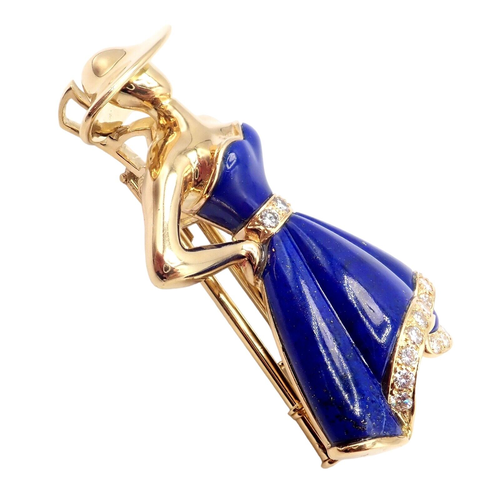 Authentic! Christian Dior 18k Yellow Gold Diamond Lapis Lady Dior Brooch Pendant | Fortrove
