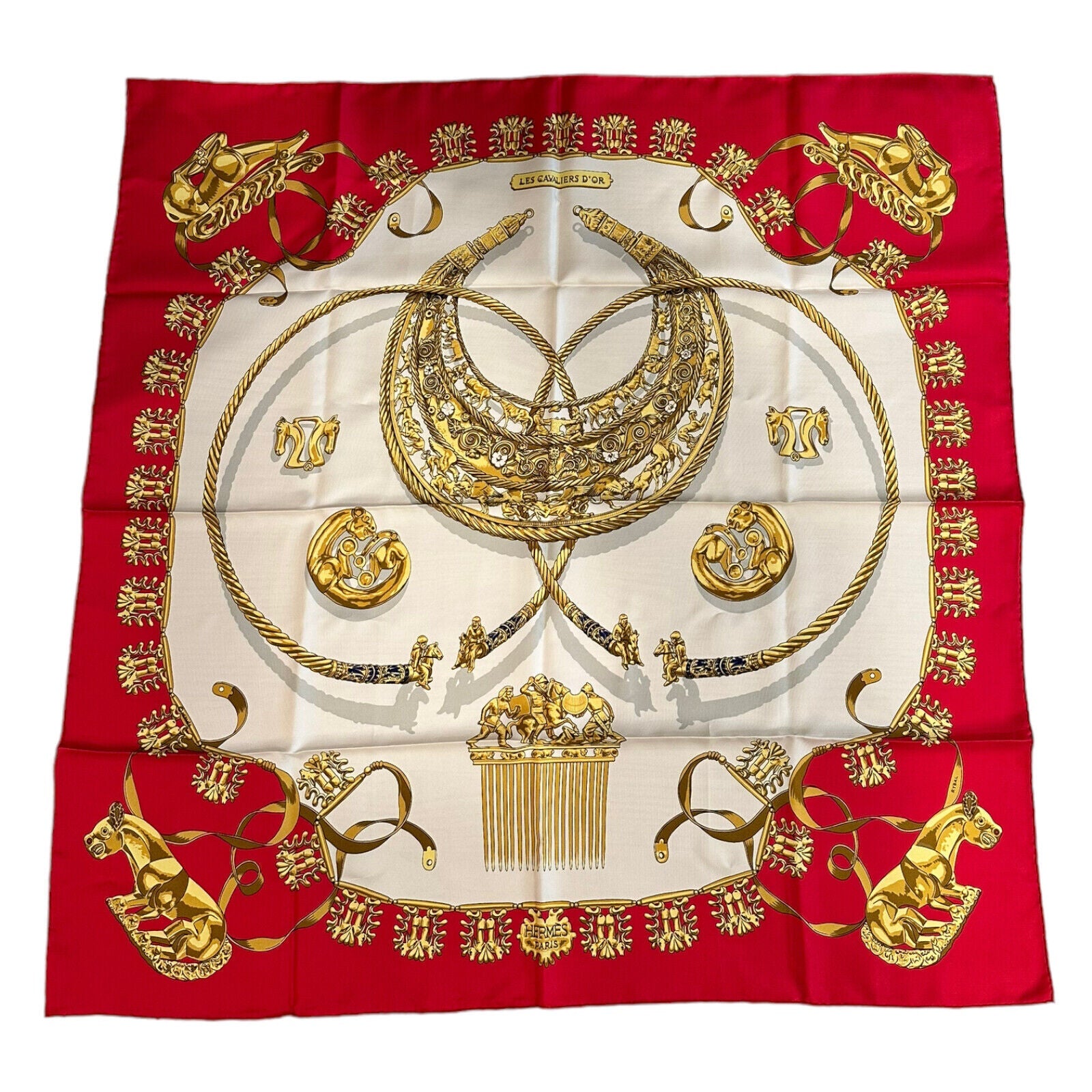 Hermes Carre Les Cavaliers D'Or Golden Horsemen Vintage 90cm Red Silk Scarf | Fortrove