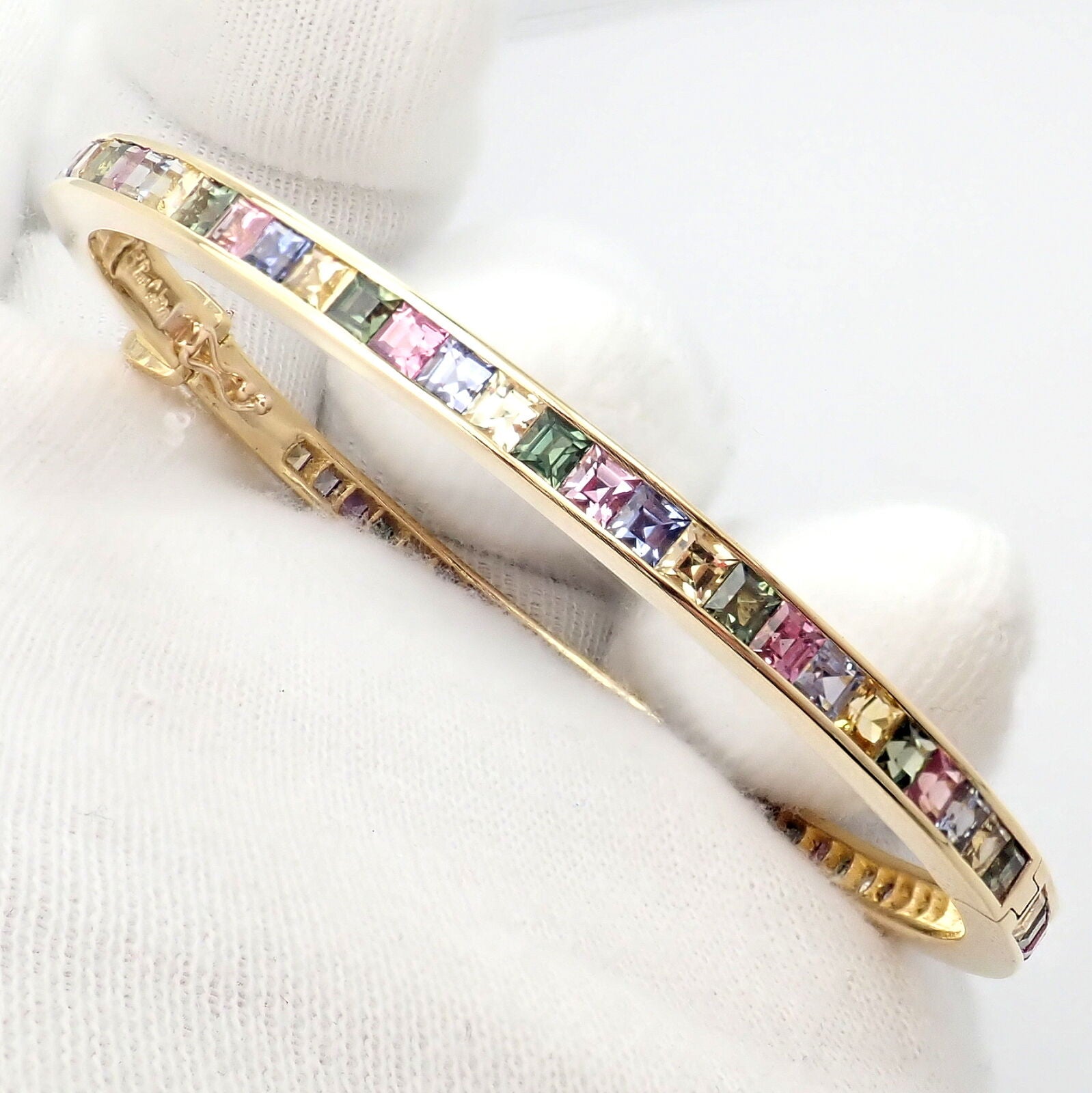 Authentic! Julius Cohen 18k Yellow Gold Diamond Pastel Color Stone Cuff Bracelet | Fortrove