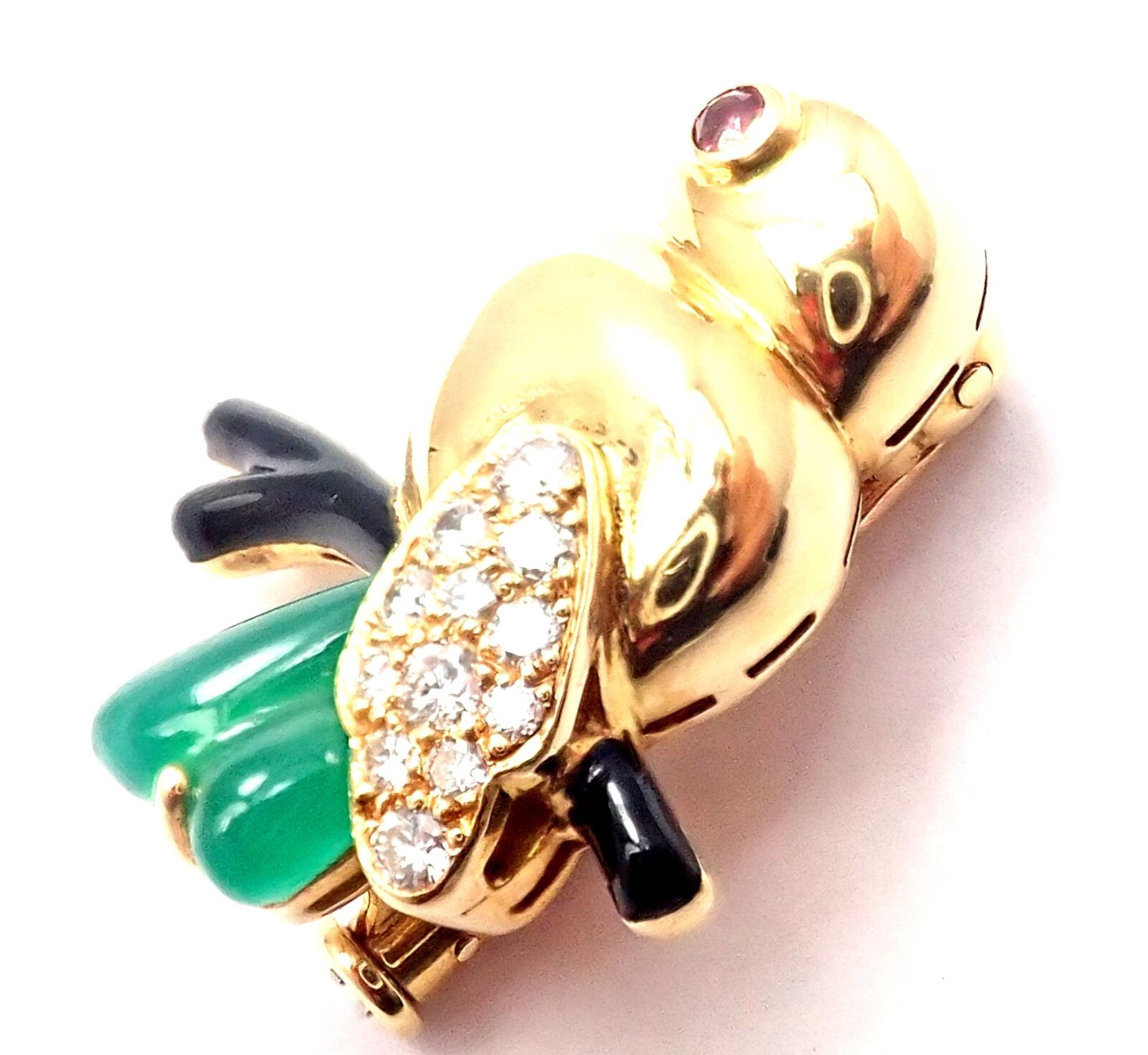 Authentic! Cartier 18k Yellow Gold Diamond Onyx Ruby Chalcedony Bird Pin Brooch | Fortrove