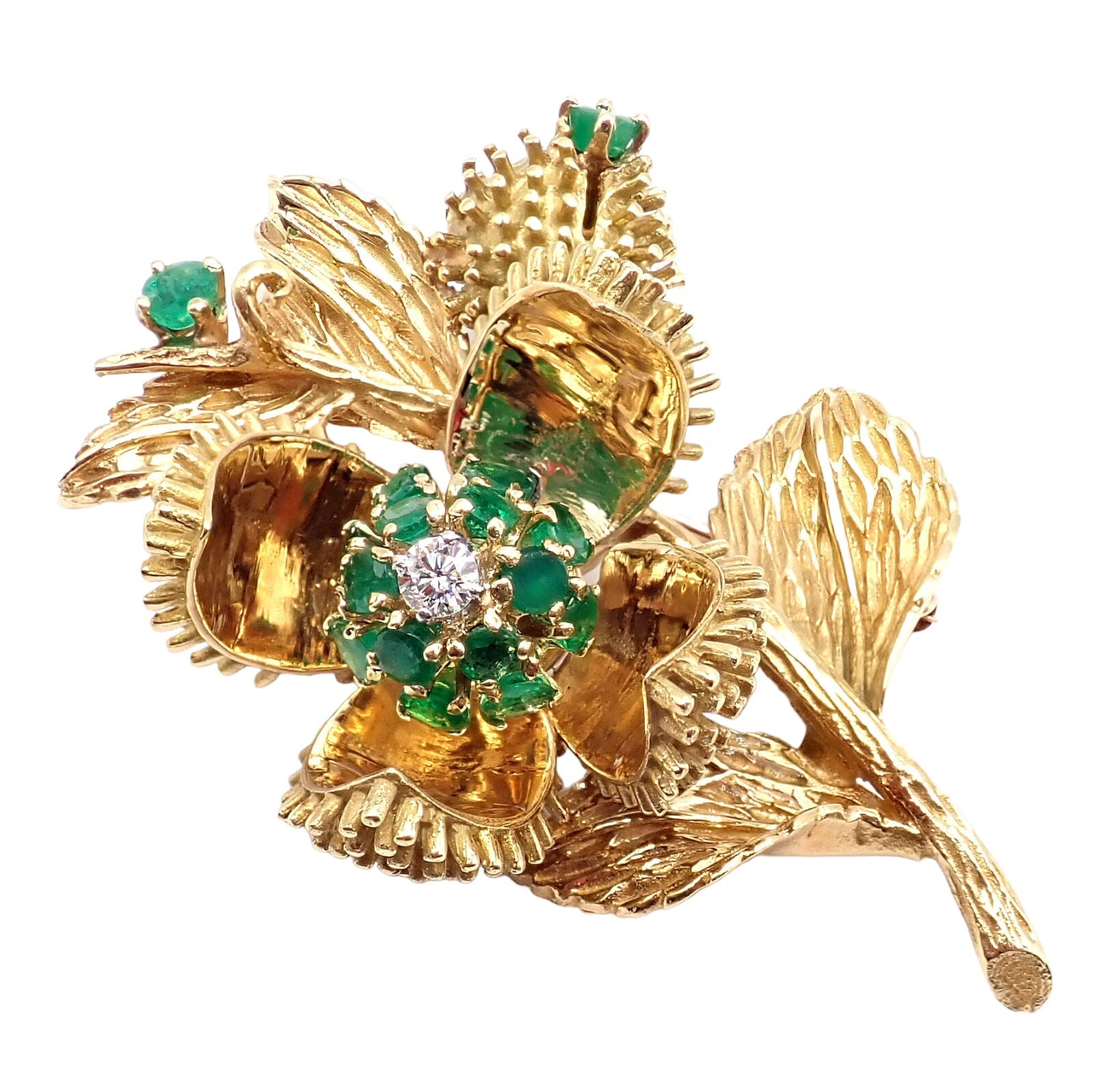 Rare! Tiffany & Co 18k Yellow Gold Diamond Emerald Flower Night & Day Brooch Pin | Fortrove