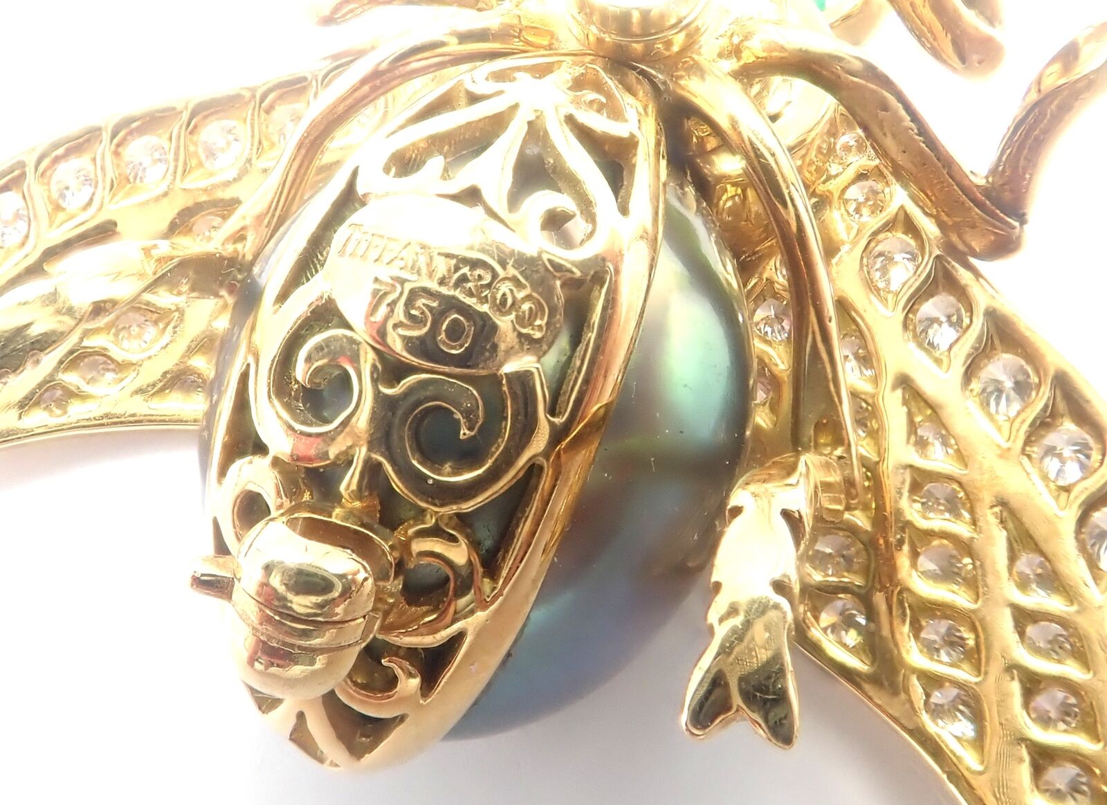 Tiffany & Co 18k Gold Diamond Tahitian Pearl Tanzanite Emerald Fly Pin Brooch | Fortrove