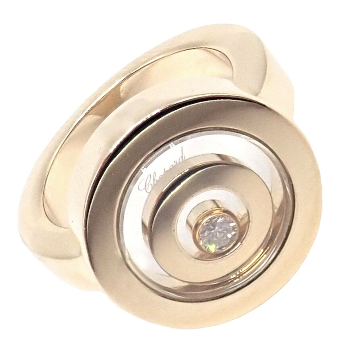 Authentic! Chopard 18k Yellow Gold Diamond Double Circle Happy Spirit Ring | Fortrove