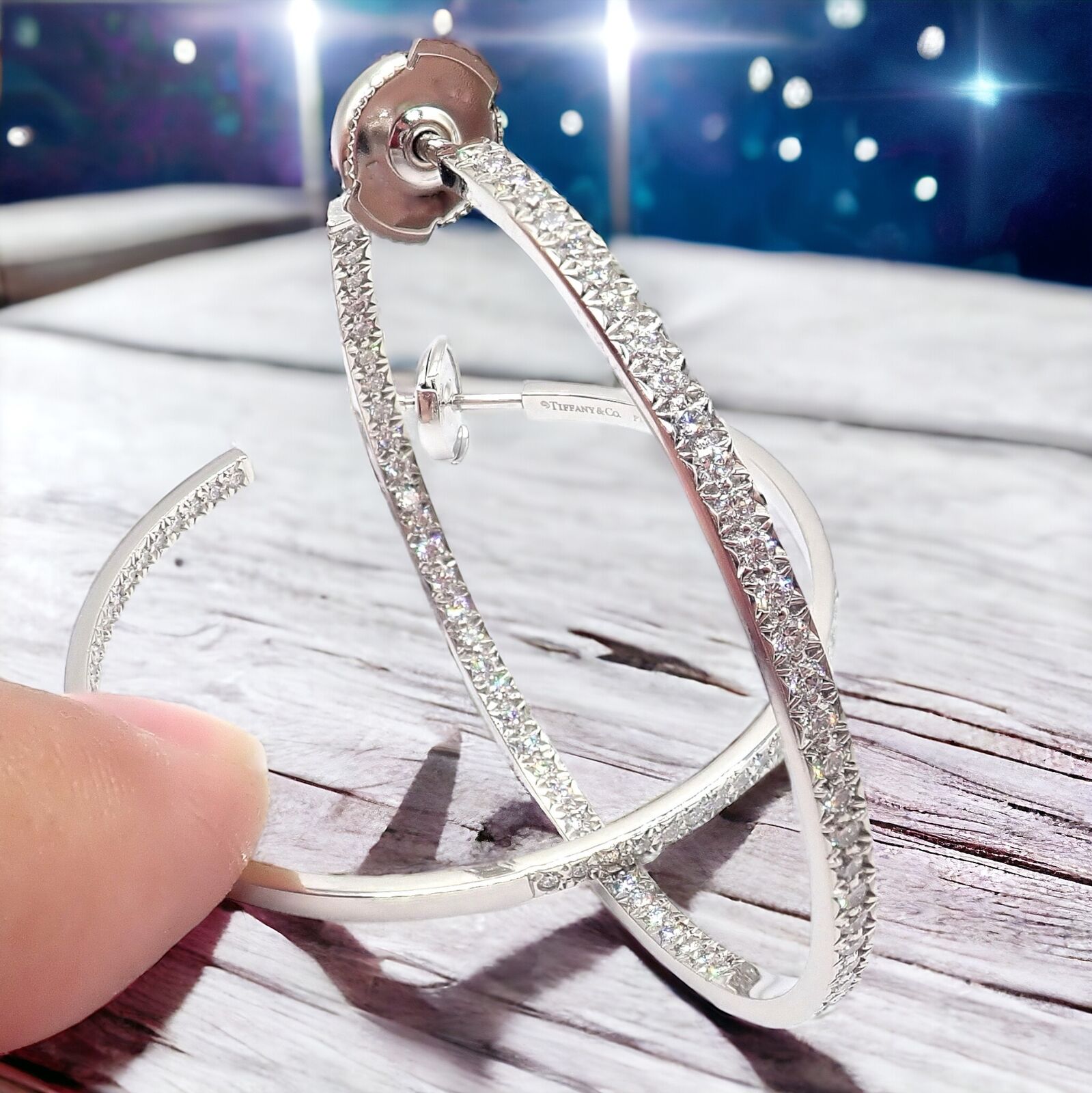 Authentic! Tiffany & Co Platinum Metro Diamond Large Inside Out Hoop Earrings | Fortrove