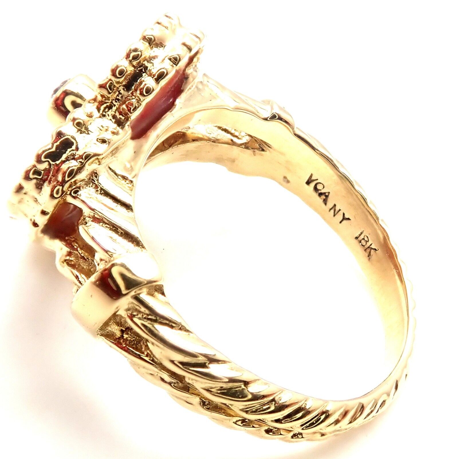 Rare! Authentic Van Cleef & Arpels Alhambra 18k Yellow Gold Coral Diamond Ring | Fortrove