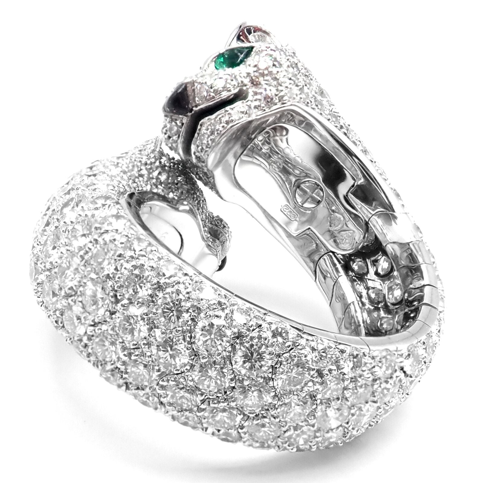 Authentic! Cartier Double Panther Panthere Lakarda 18k Gold Diamond Emerald Ring | Fortrove
