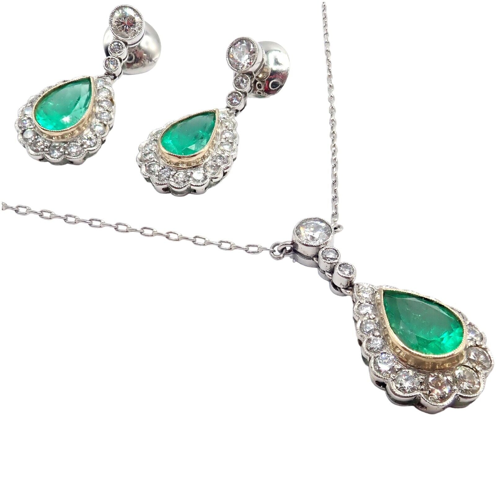 Vintage Estate Platinum Diamond Emerald Earrings Necklace Set