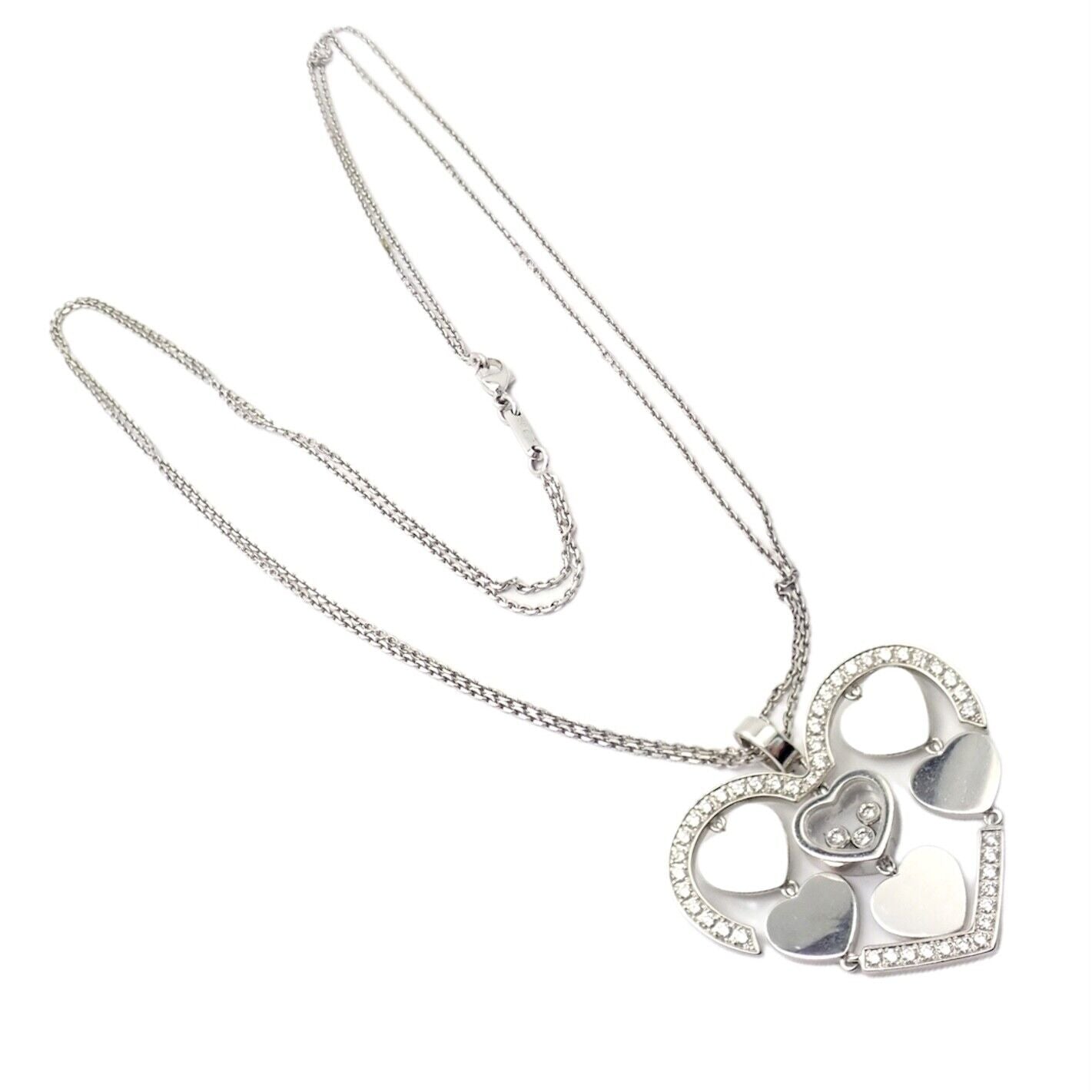 Authentic! Chopard 18k White Gold Large Double Happy Hearts Diamond Necklace | Fortrove