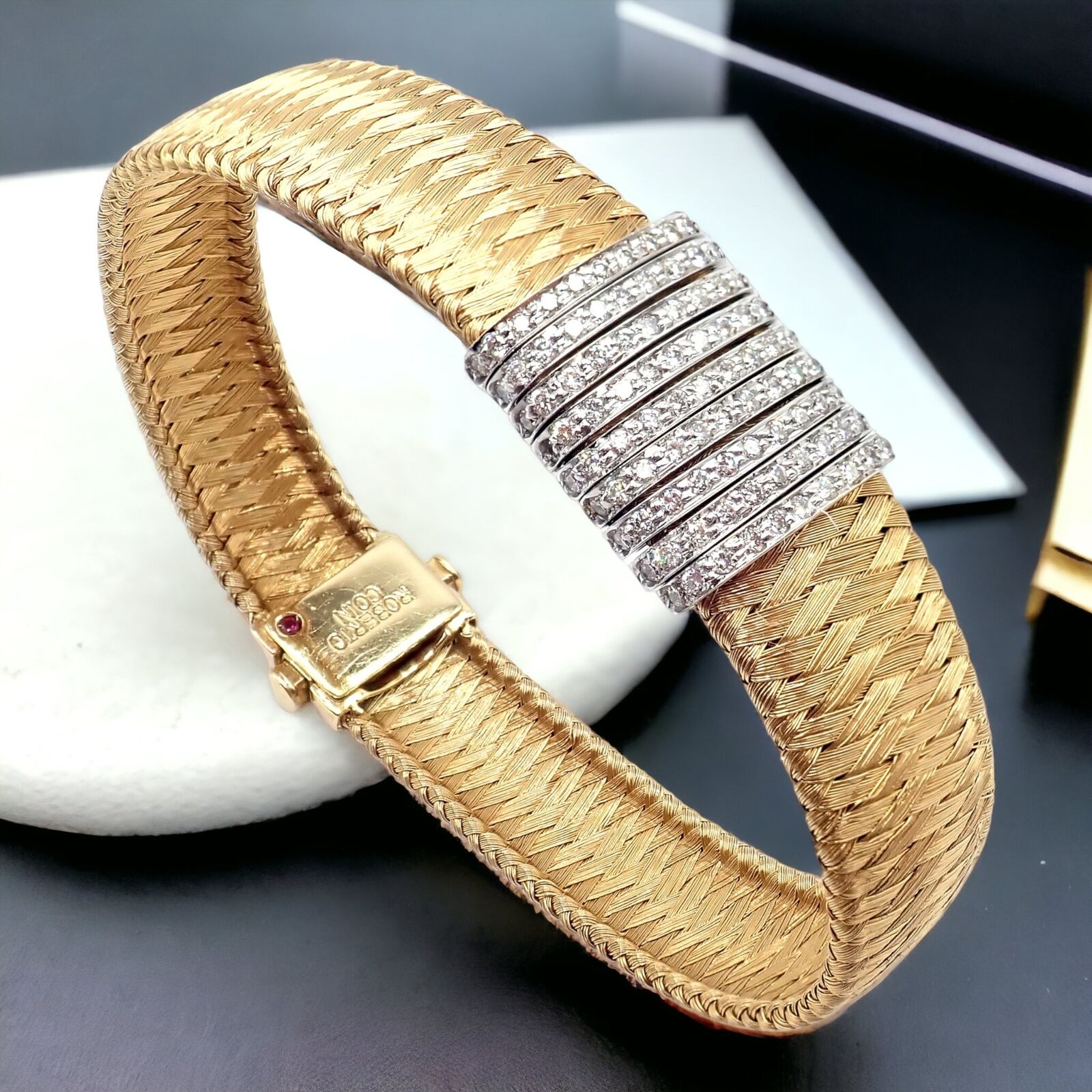 Authentic! Roberto Coin 18k Yellow Gold 9 Row Diamond Silk Weave Bracelet | Fortrove