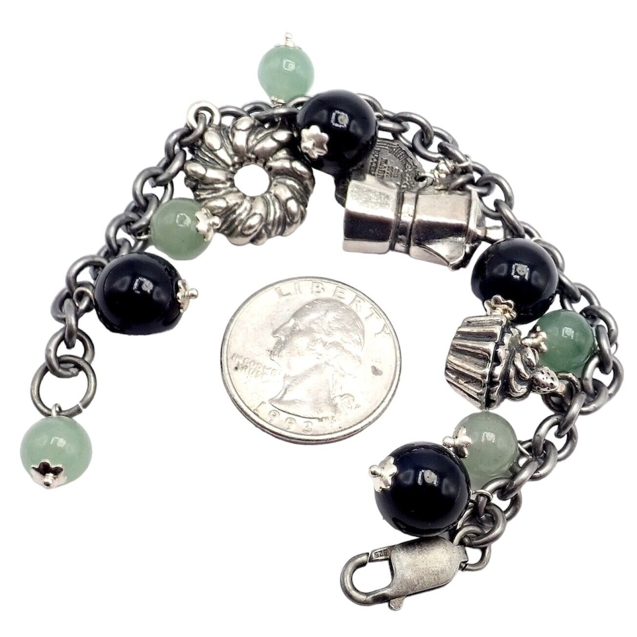 Rare! Vintage Mario Buccellati Silver Coffee Jadeite Onyx Bead Charm Bracelet | Fortrove