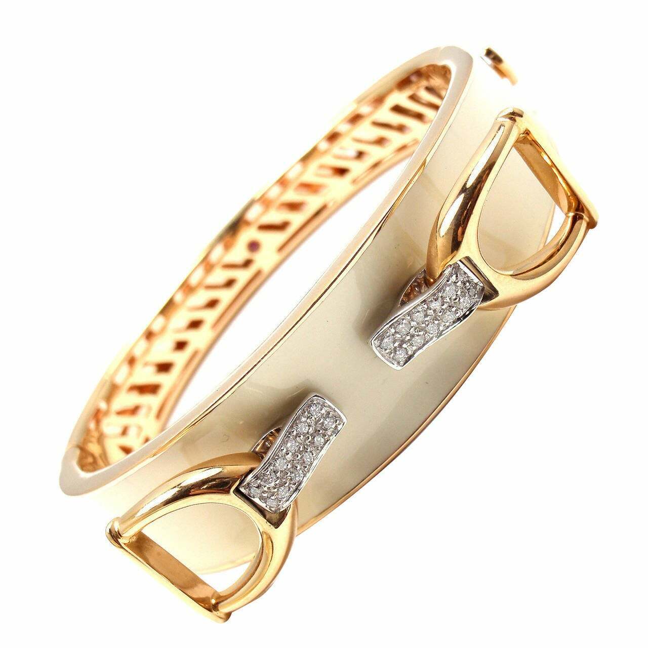Authentic! Roberto Coin Cheval Stirrup 18k Gold Diamond Enamel Bangle Bracelet | Fortrove