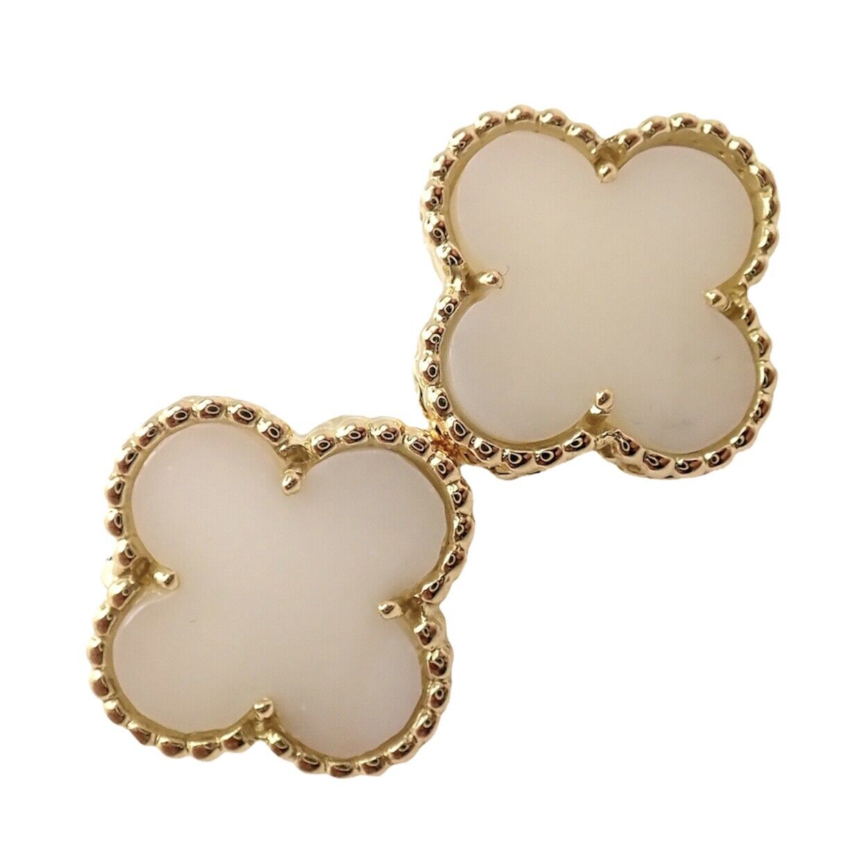 Rare! Van Cleef & Arpels Vintage Alhambra 18k Yellow Gold White Coral Earrings | Fortrove