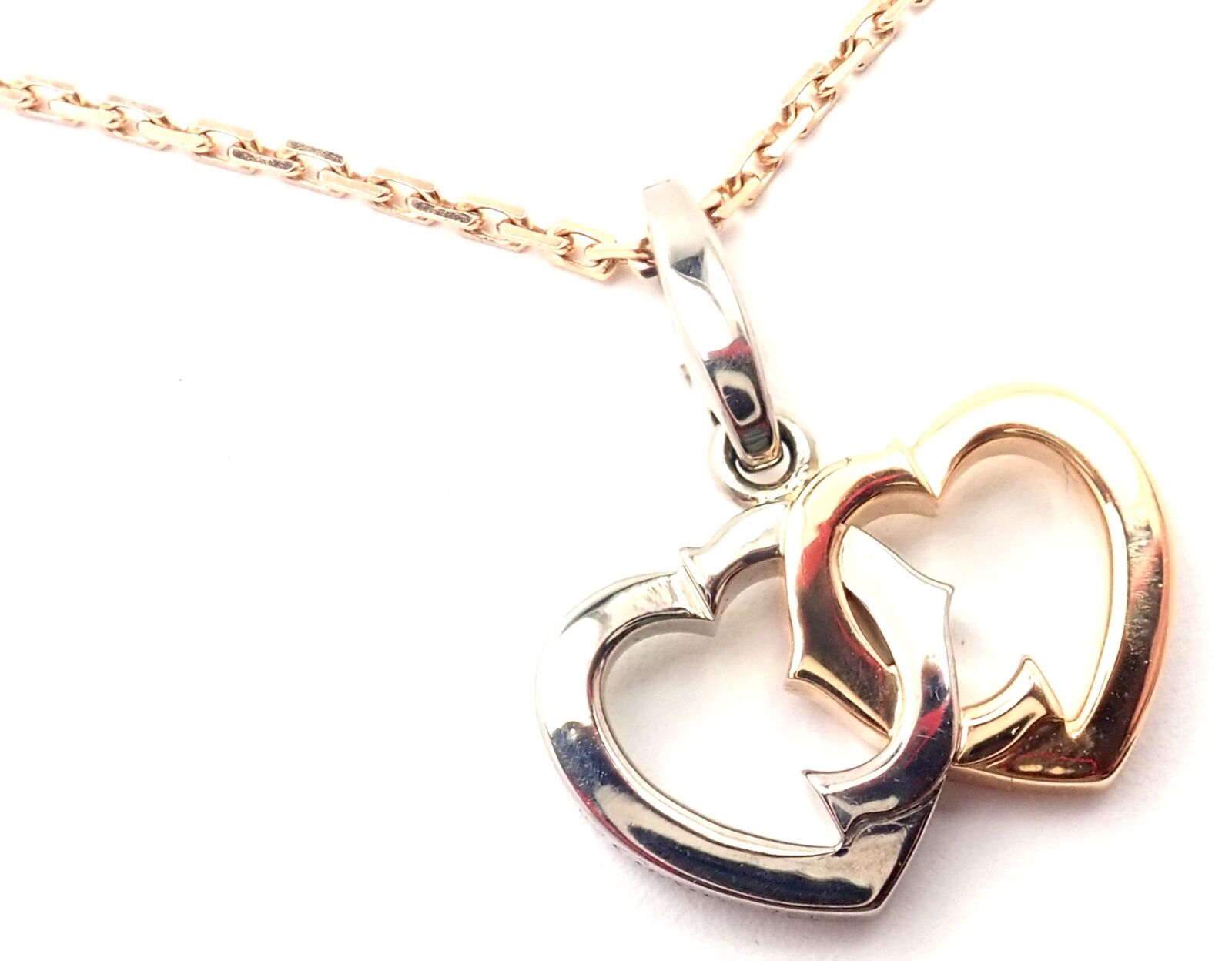 Authentic! Cartier 18K Rose & White Gold Double C Heart Pendant Chain Necklace | Fortrove