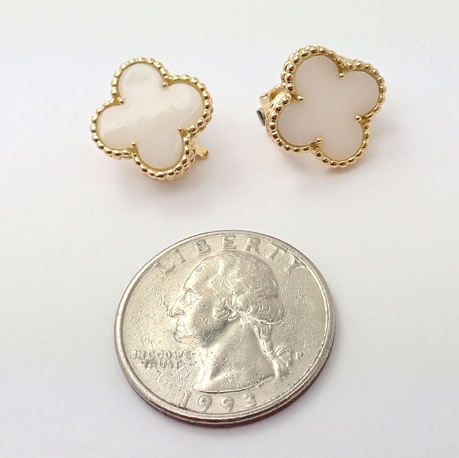 Rare! Van Cleef & Arpels Vintage Alhambra 18k Yellow Gold White Coral Earrings | Fortrove