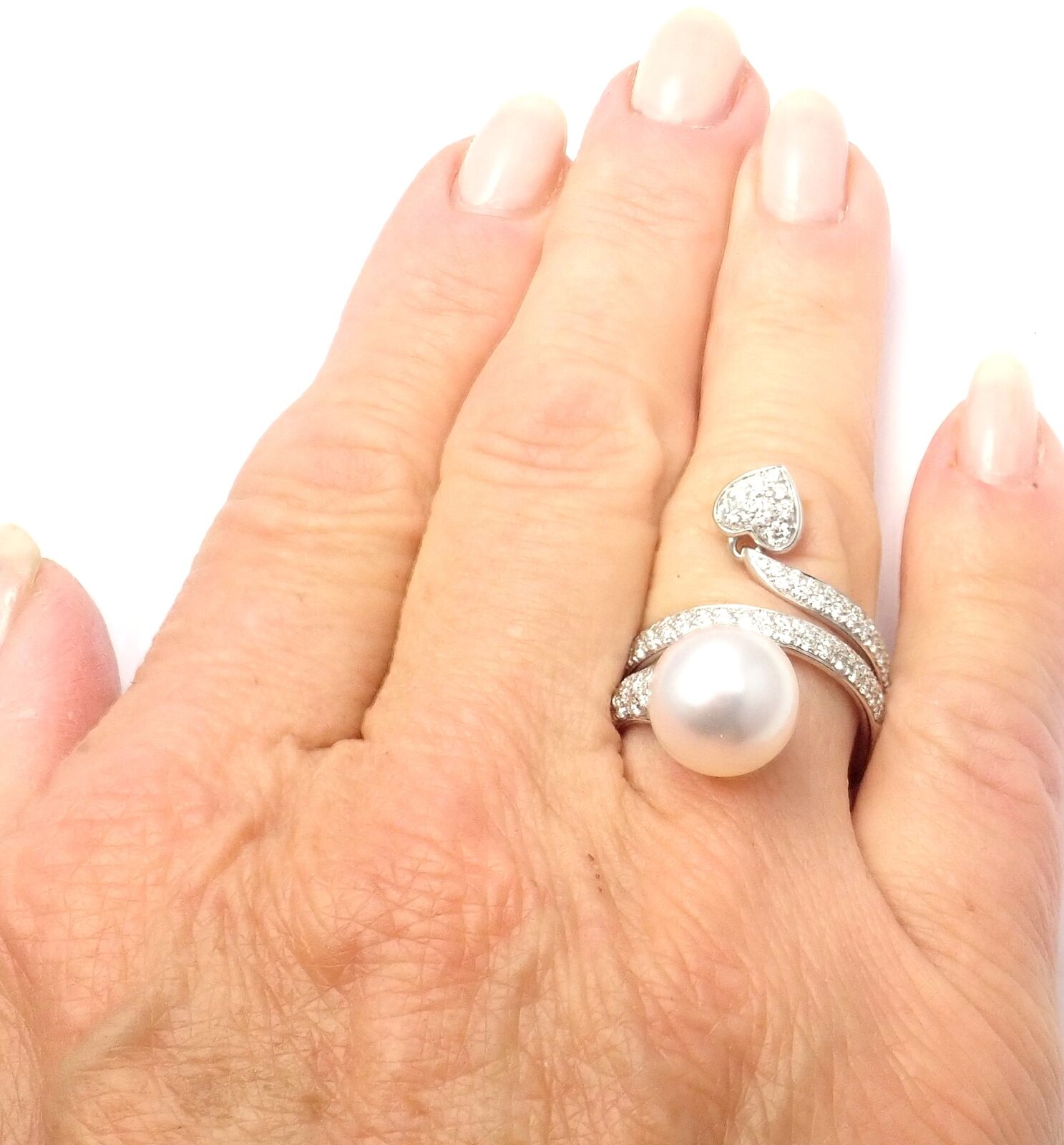 Rare! Authentic Mikimoto 18k White Gold Diamond South Sea Pearl Heart Ring Cert. | Fortrove