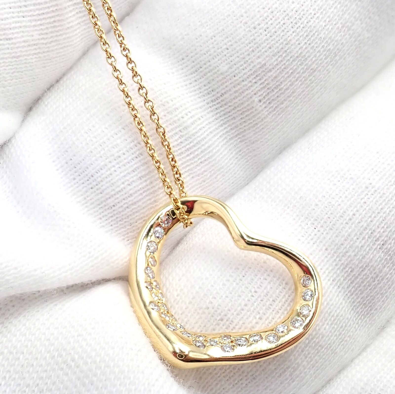 Authentic! Tiffany & Co Elsa Peretti 18k Yellow Gold Diamond Open Heart Necklace | Fortrove