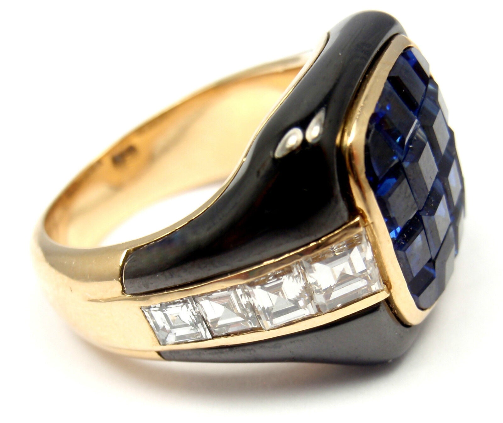 Authentic! Piaget 18k Yellow Gold Diamond Invisible Set Sapphire Enamel Ring | Fortrove