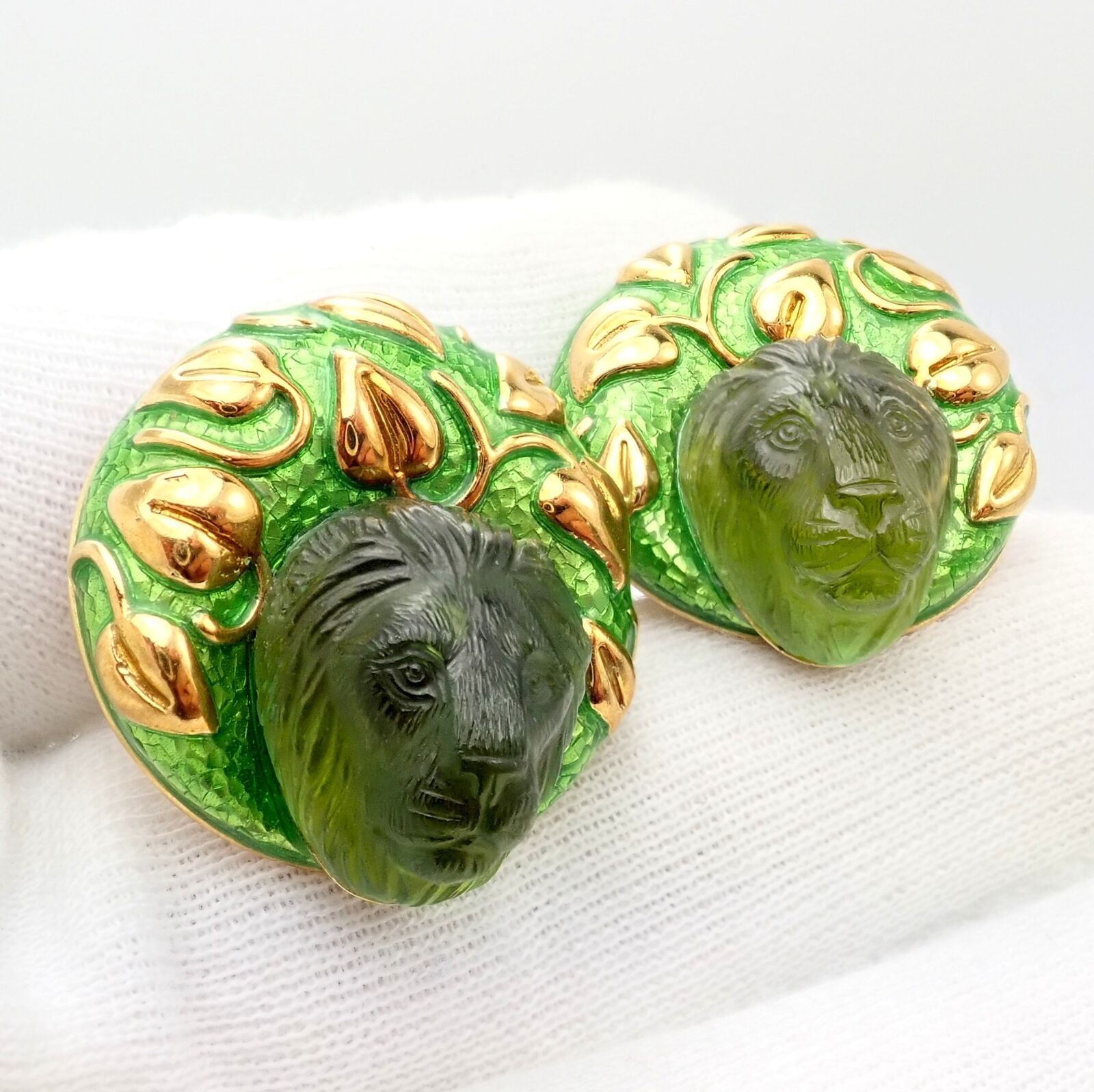 Elizabeth Gage 18k Yellow Gold Carved Green Tourmaline Enamel Lion Earrings | Fortrove