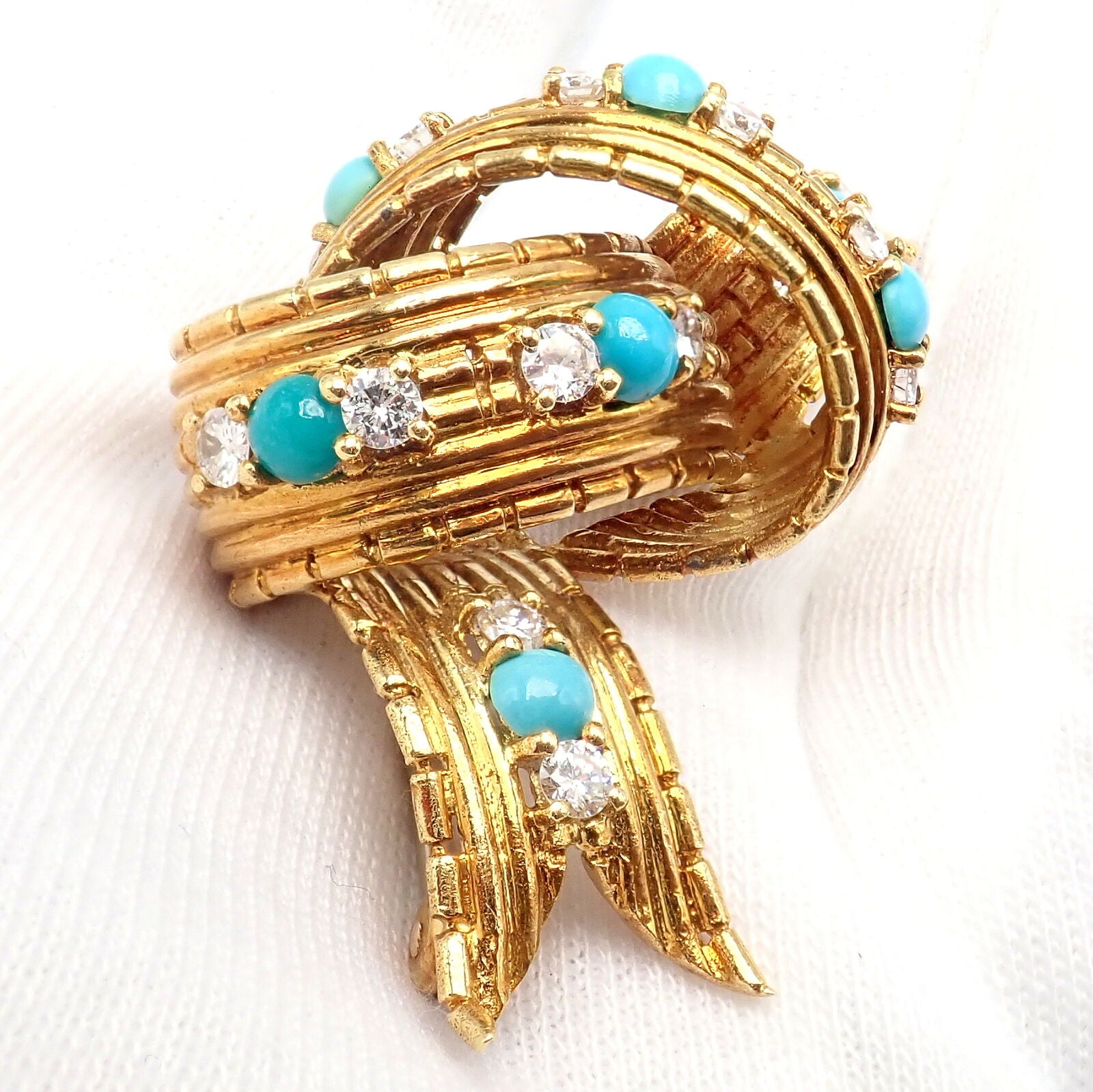 Vintage Tiffany & Co. 18k Yellow Gold Diamond Turquoise Bamboo Bow Pin Brooch | Fortrove