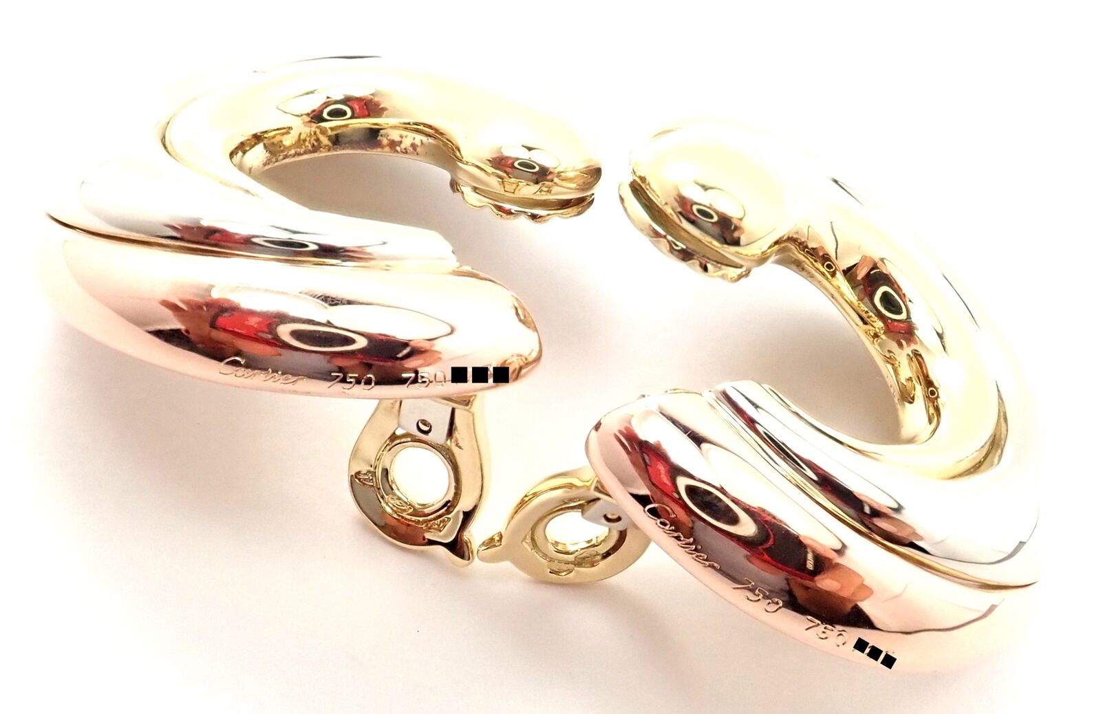 Authentic! Cartier 18k Tri-Color Gold Large Size Trinity Swirl Hoop Earrings | Fortrove