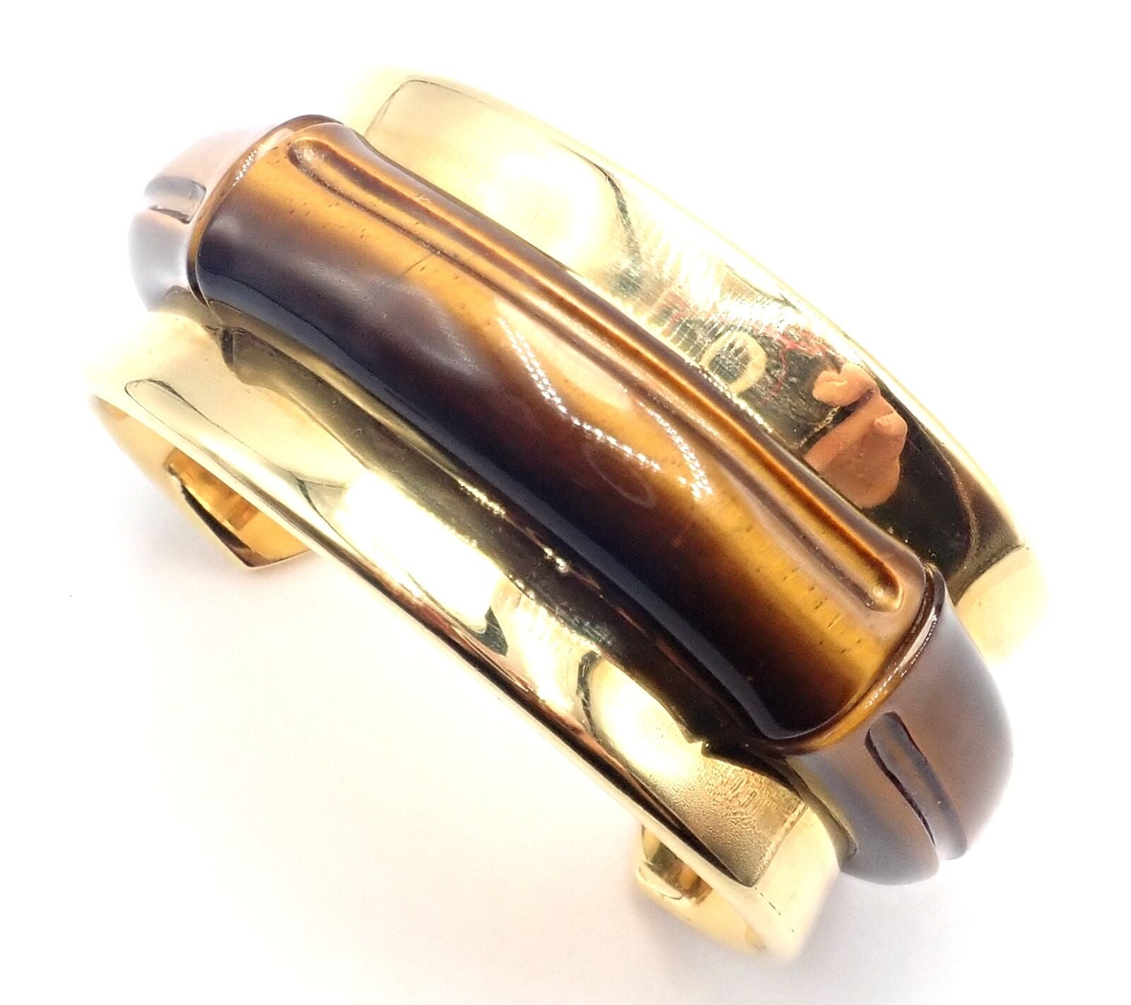 Authentic! Tiffany & Co 18k Yellow Gold Tiger Eye Bangle Cuff Wide Bracelet 2002 | Fortrove