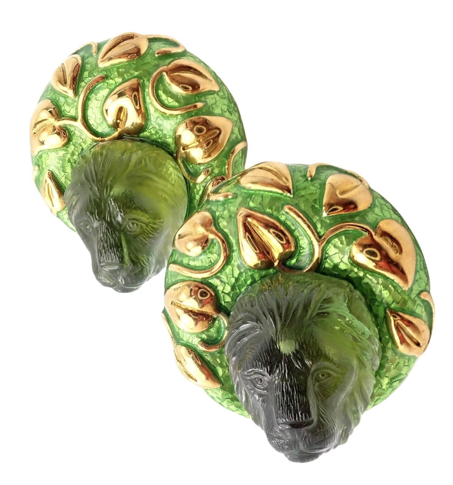 Elizabeth Gage 18k Yellow Gold Carved Green Tourmaline Enamel Lion Earrings | Fortrove