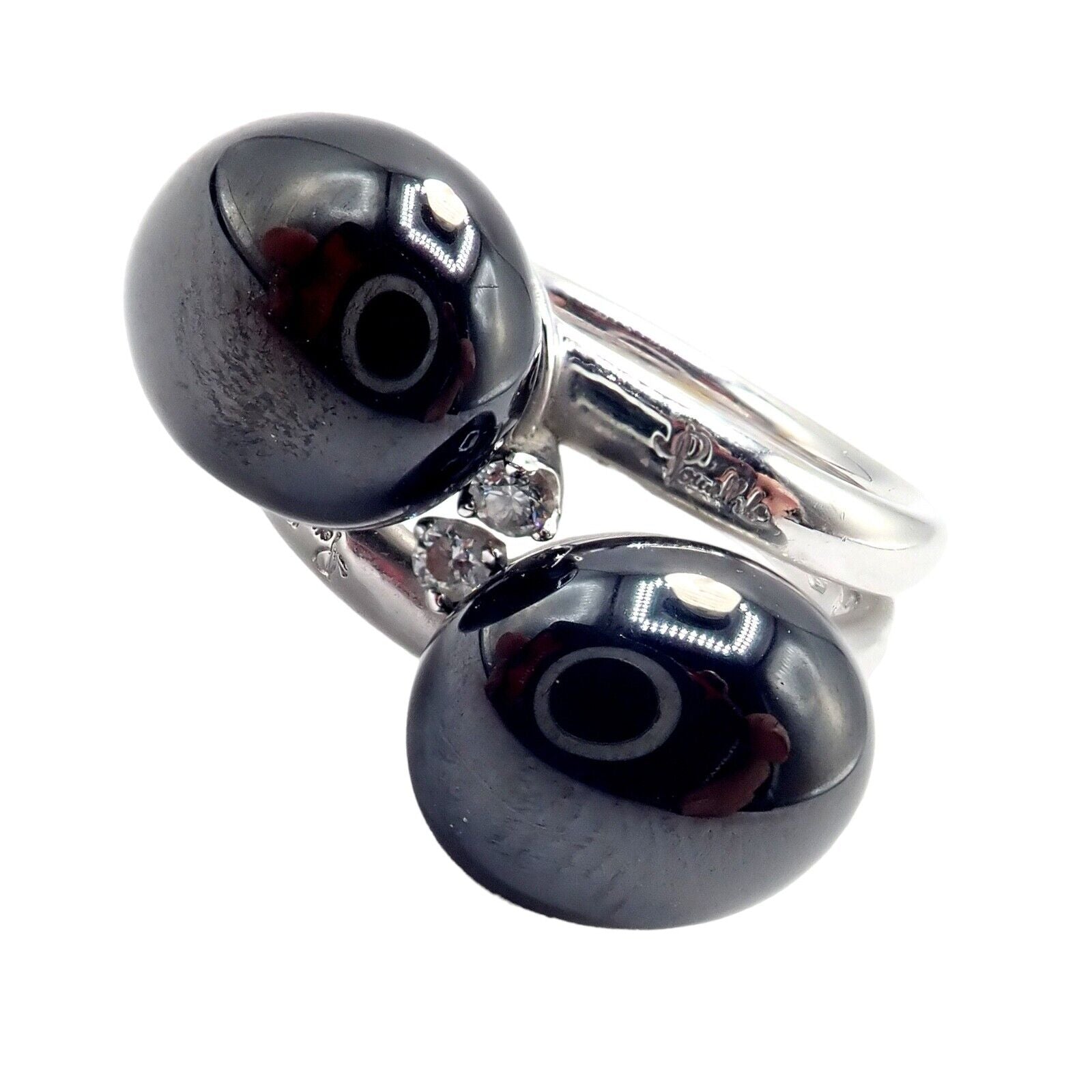 Authentic! Pomellato Capri 18k White Gold Diamond Twin Black Ceramic Ring | Fortrove