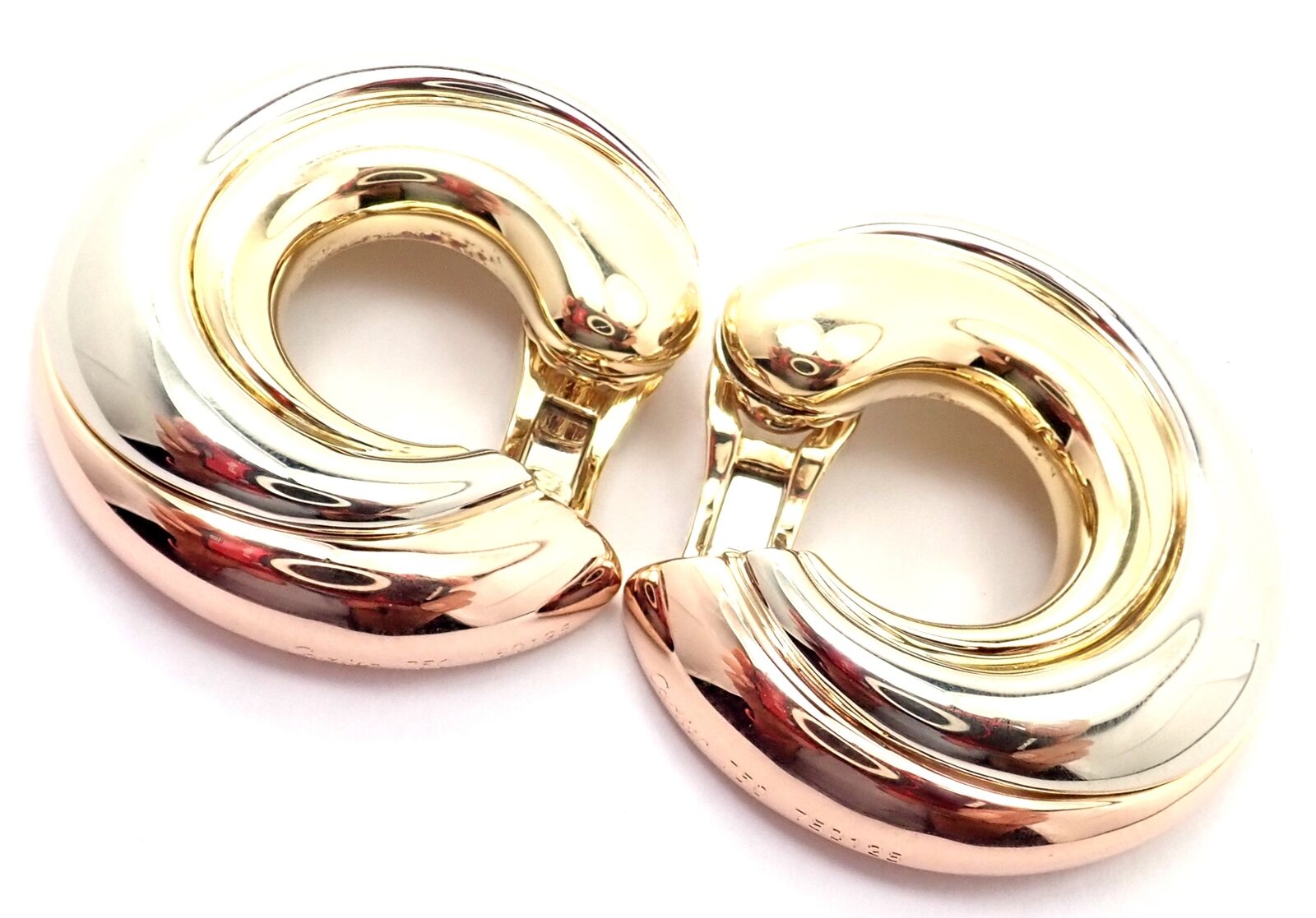 Authentic! Cartier 18k Tri-Color Gold Large Size Trinity Swirl Hoop Earrings | Fortrove