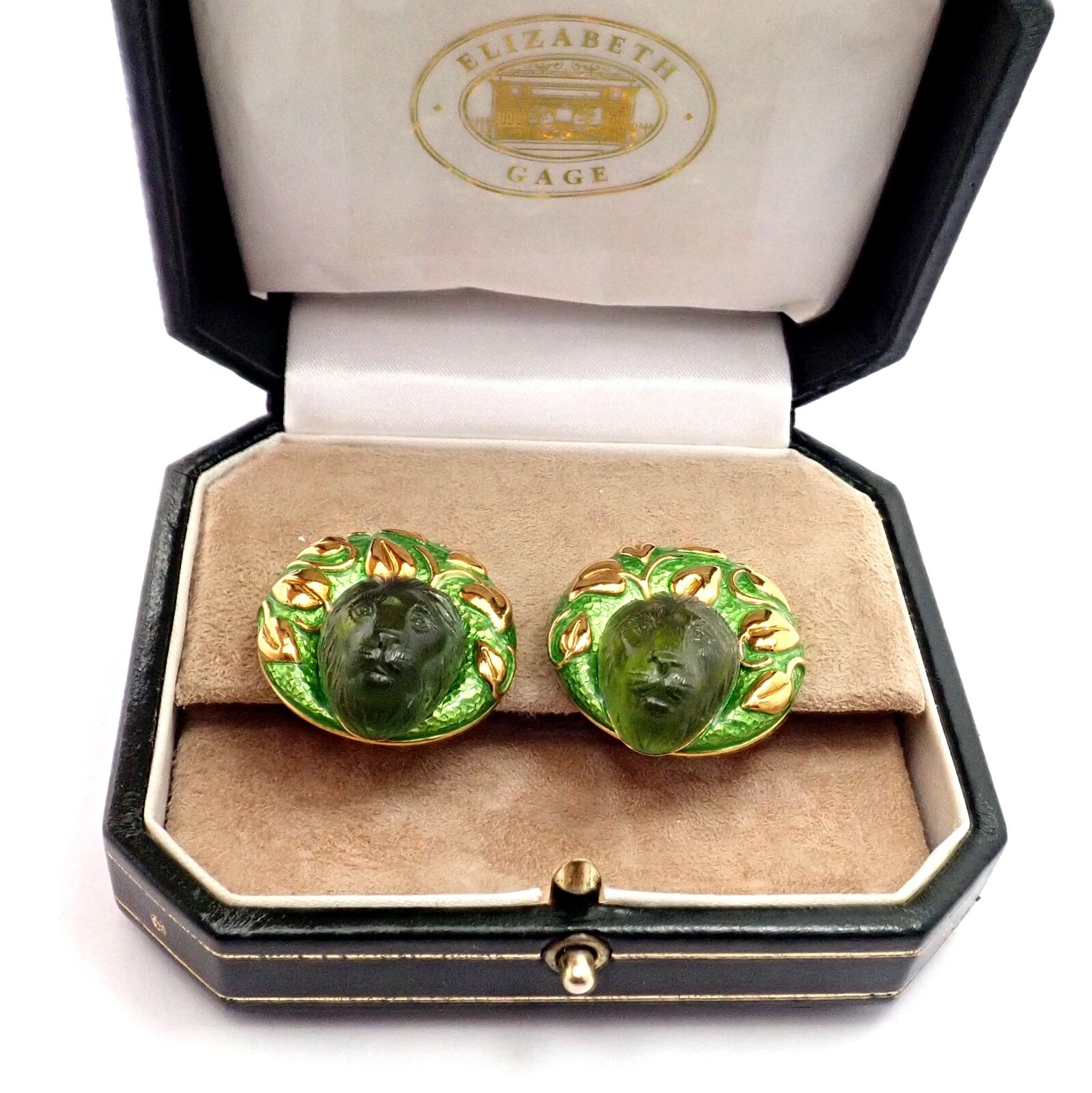 Elizabeth Gage 18k Yellow Gold Carved Green Tourmaline Enamel Lion Earrings | Fortrove