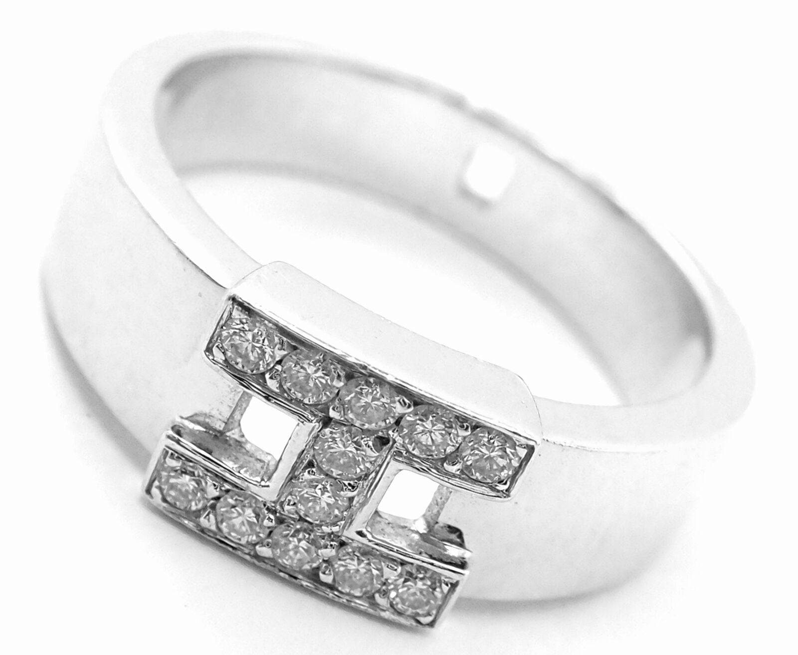 Authentic! Hermes 18k White Gold Diamond H Band Ring