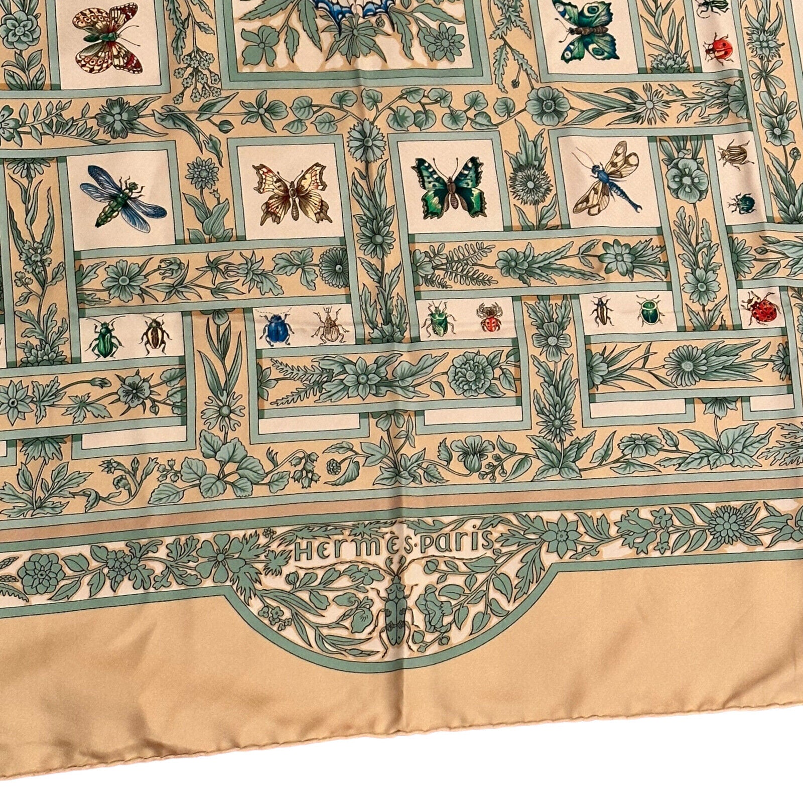Authentic! Hermes Carre Joyaux de L'ete Jacquelot 90cm Tan Insect Silk Scarf | Fortrove