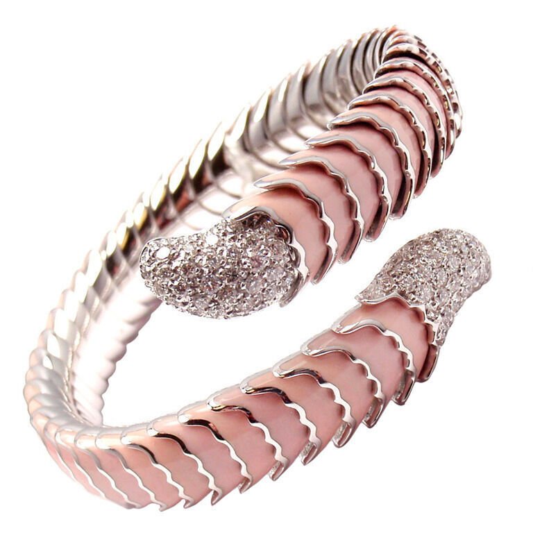 Authentic! Roberto Coin 18k White Gold Enamel Ruby Diamond Cobra Bangle Bracelet | Fortrove