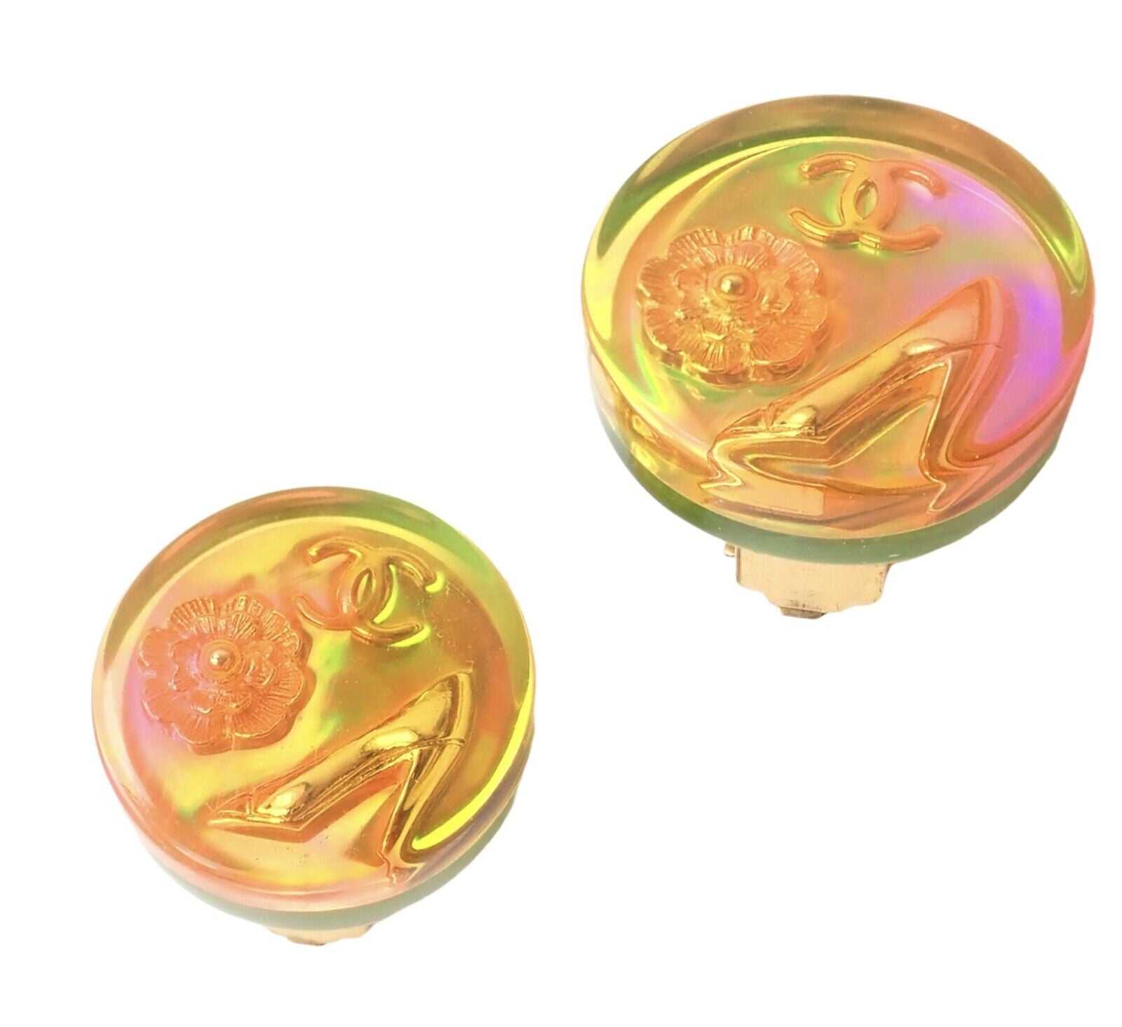 Rare! Vintage Chanel Paris France Holographic Logo Camellia Earrings 1997 Spring | Fortrove