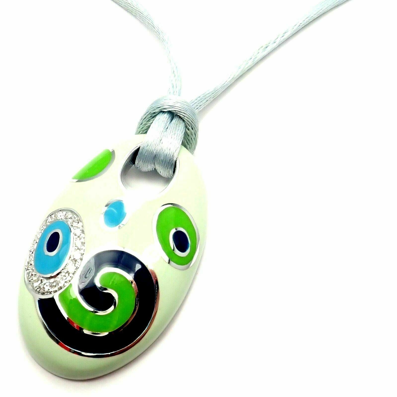 Roberto Coin 18k White Gold Diamond Green Enamel Silk Cord Pendant Necklace | Fortrove