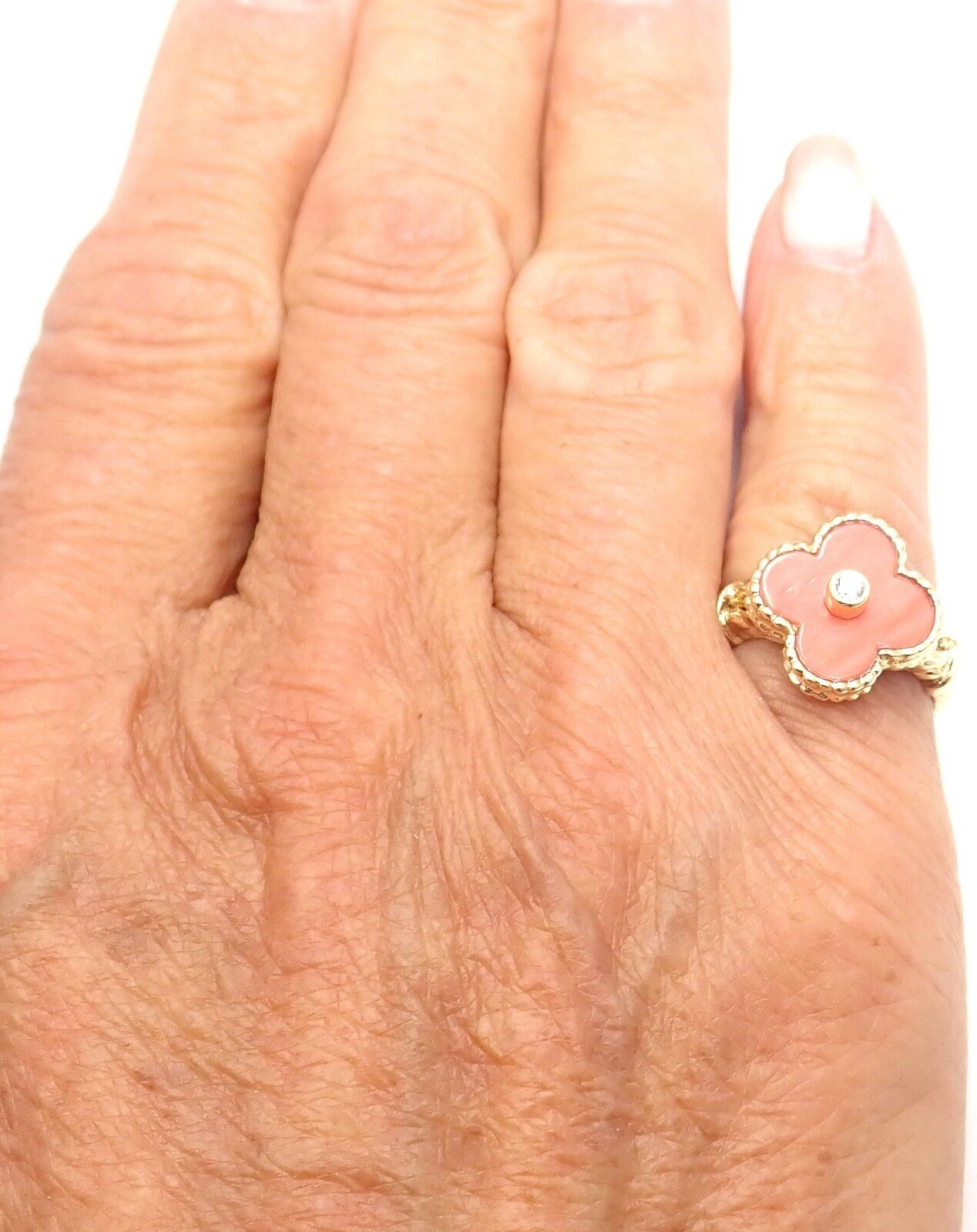 Rare! Authentic Van Cleef & Arpels Alhambra 18k Yellow Gold Coral Diamond Ring | Fortrove
