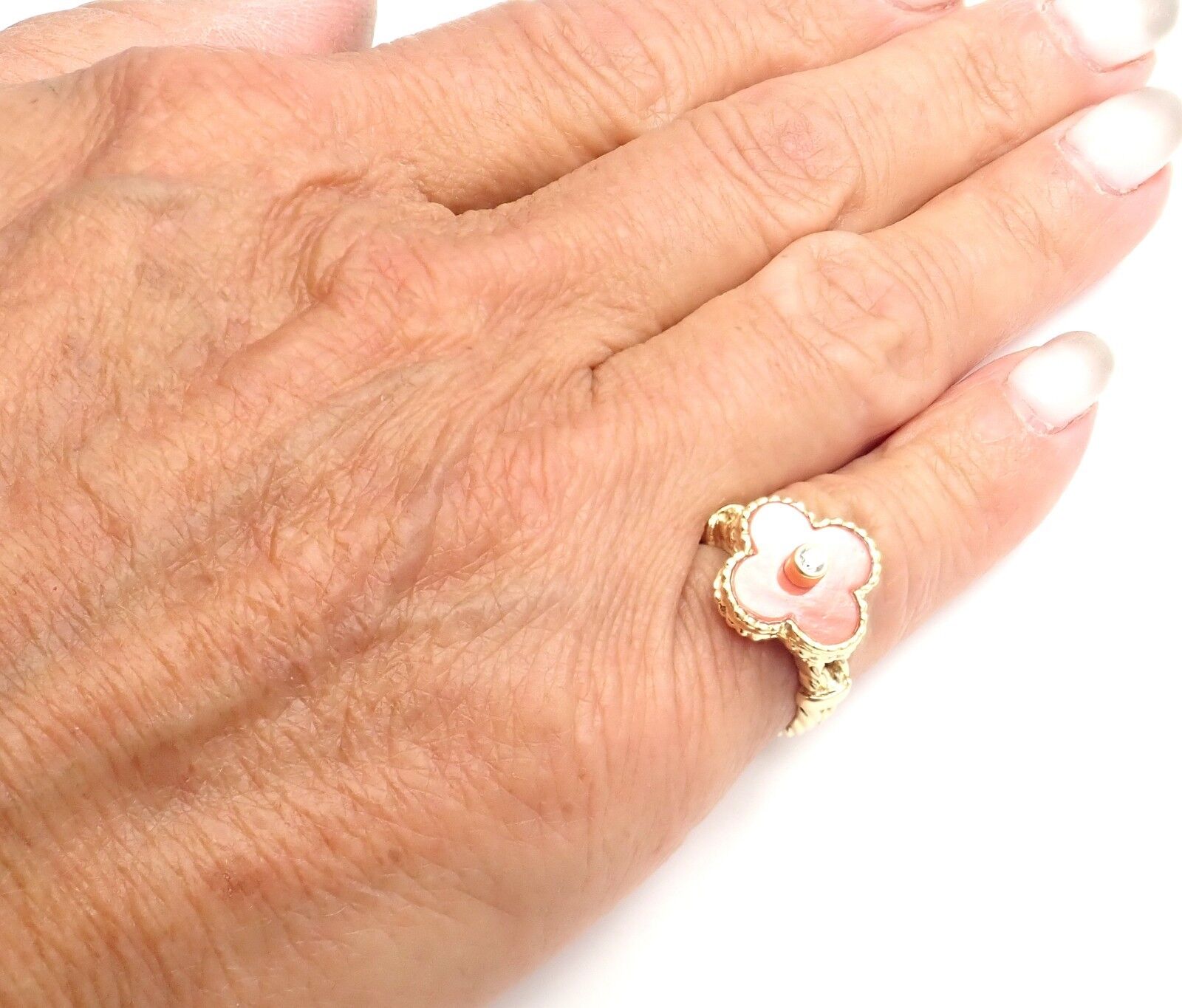 Rare! Authentic Van Cleef & Arpels Alhambra 18k Yellow Gold Coral Diamond Ring | Fortrove