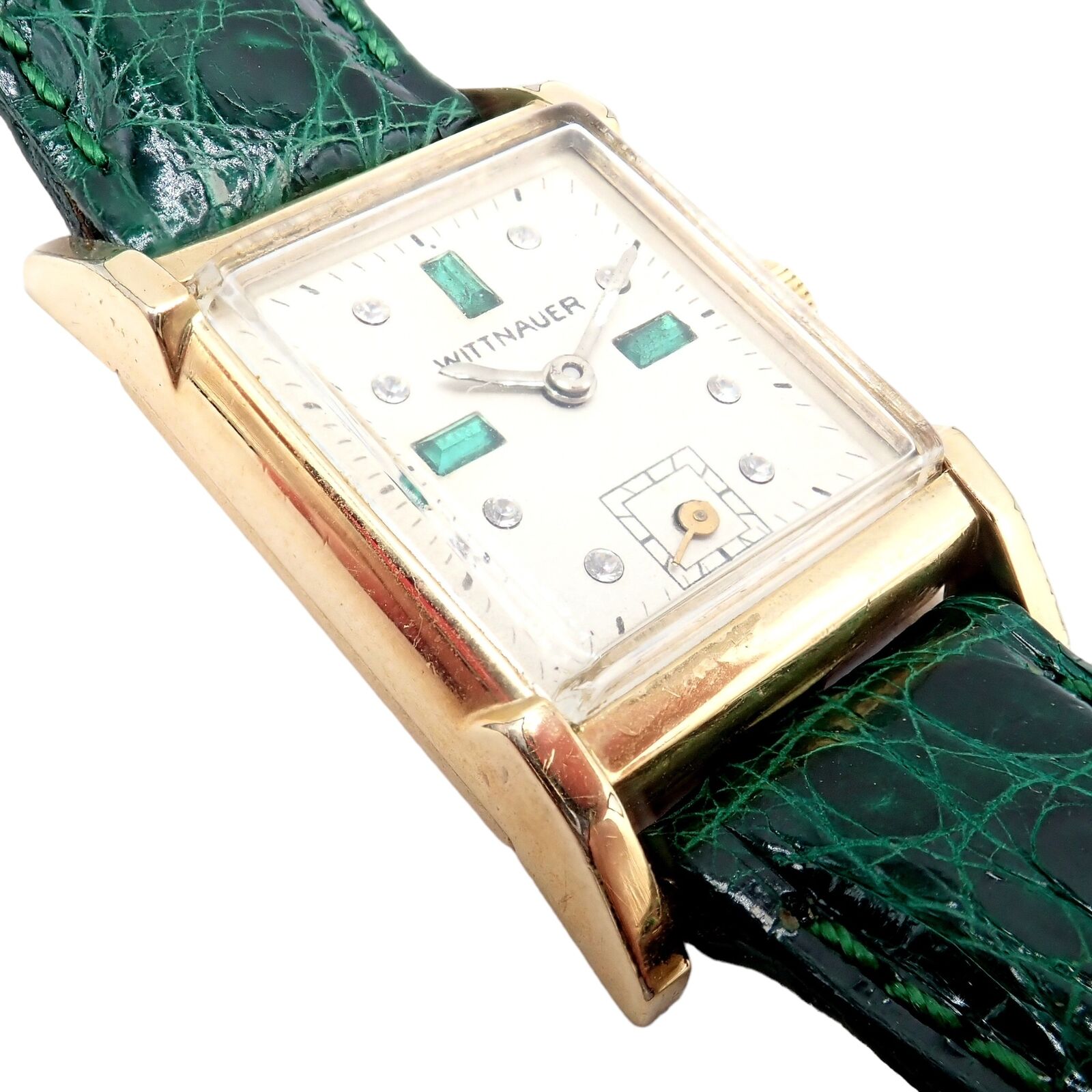 Authentic! Wittnauer 10k Gold Filled Manual Wind Emerald Diamond Fancy Lug  Watch