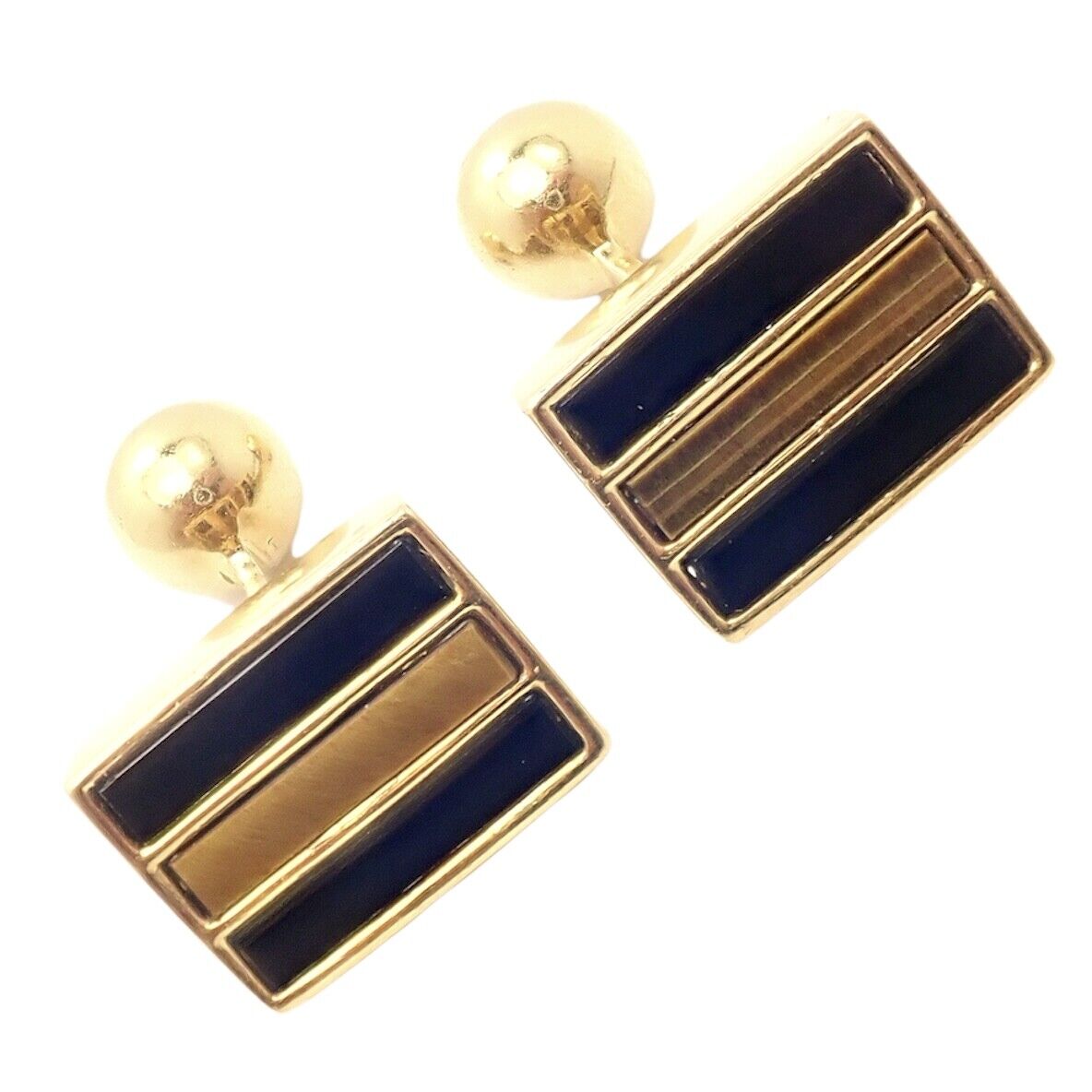Rare Vintage Tiffany & Co. 18k Yellow Gold Classic Onyx Tiger Eye Cufflinks | Fortrove