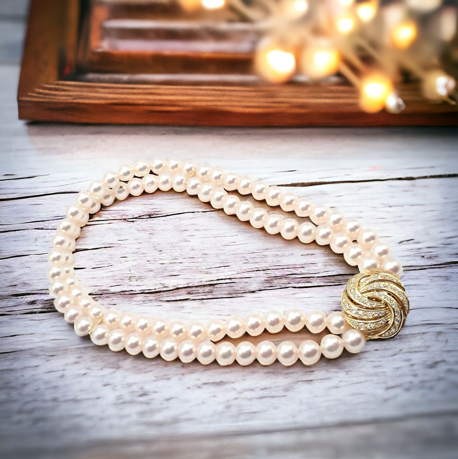 Authentic! Mikimoto 18k Yellow Gold Diamond Double Strand 8mm Pearl Necklace | Fortrove