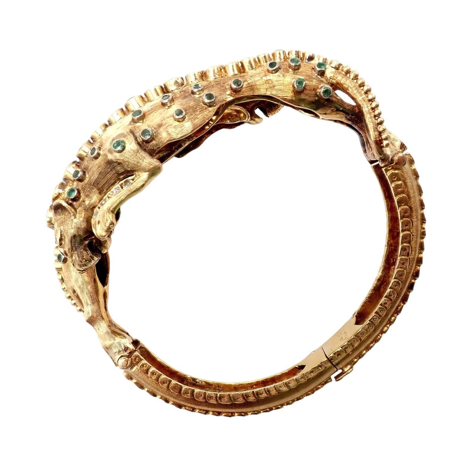 Vintage! Ilias Lalaounis 18k Yellow Gold Emerald Diamond Lioness Bangle Bracelet | Fortrove