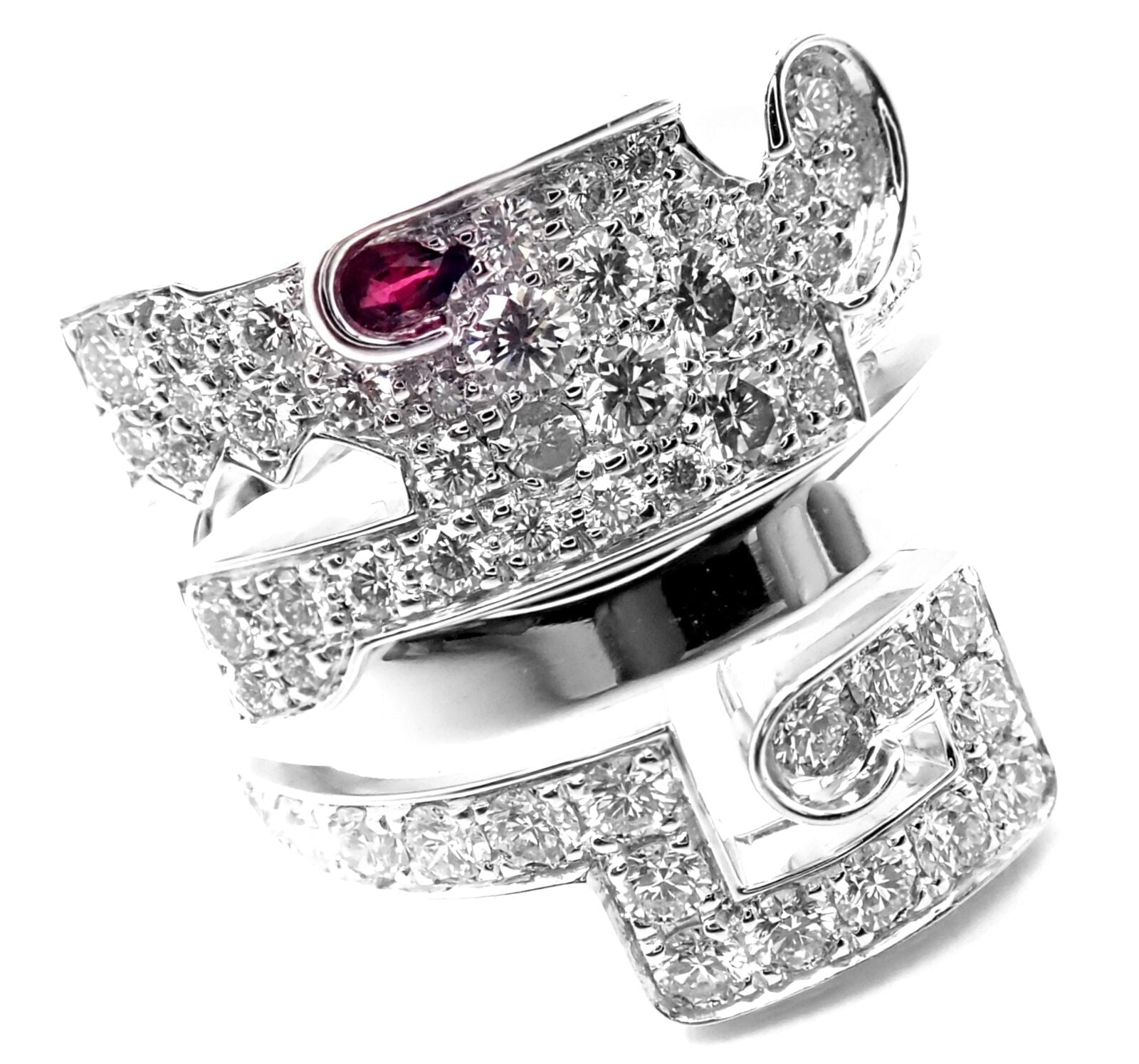 Authentic! Cartier Le Baiser Du Dragon 18k White Gold Diamond Ruby Ring Paper | Fortrove