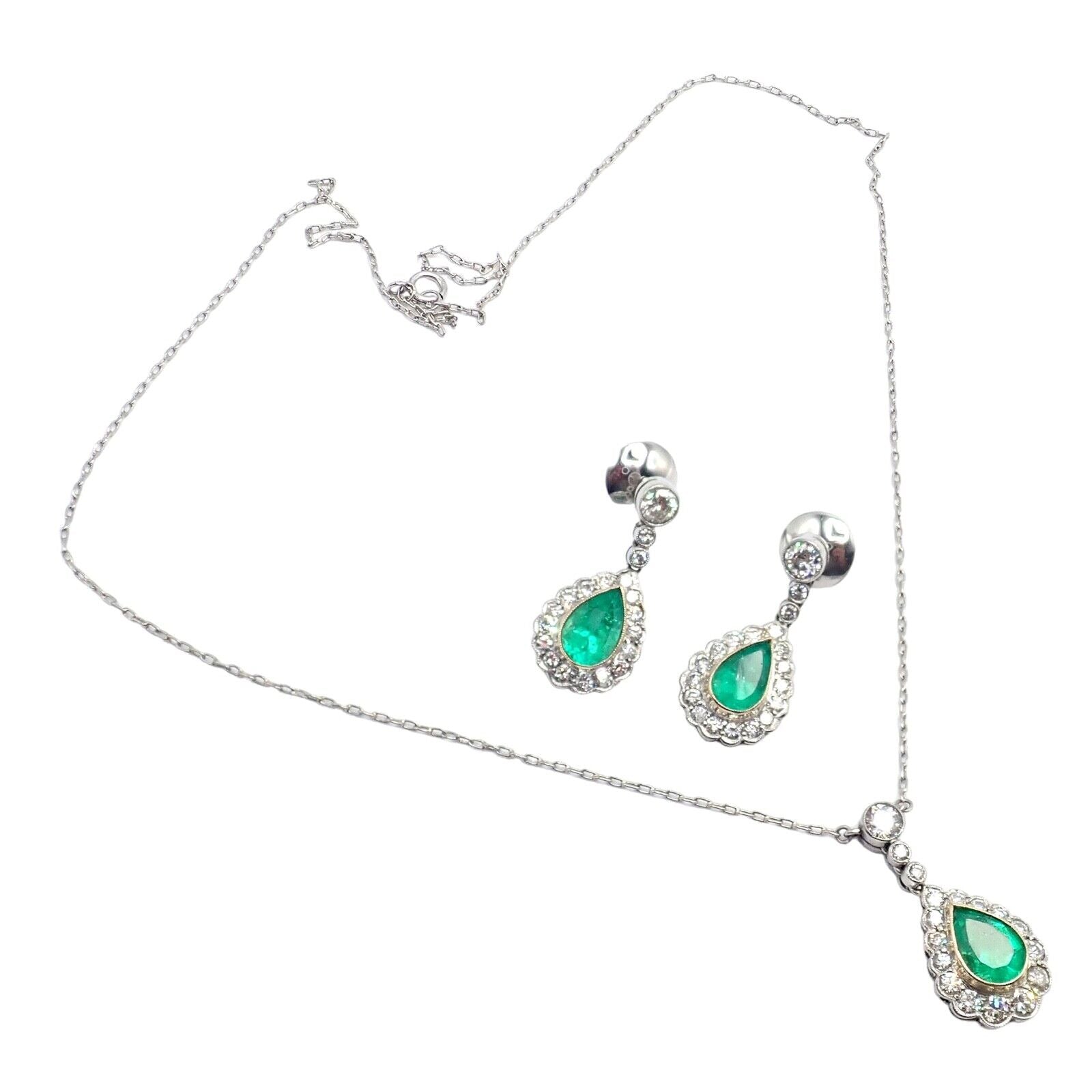 Vintage Estate Platinum Diamond Emerald Earrings Necklace Set | Fortrove