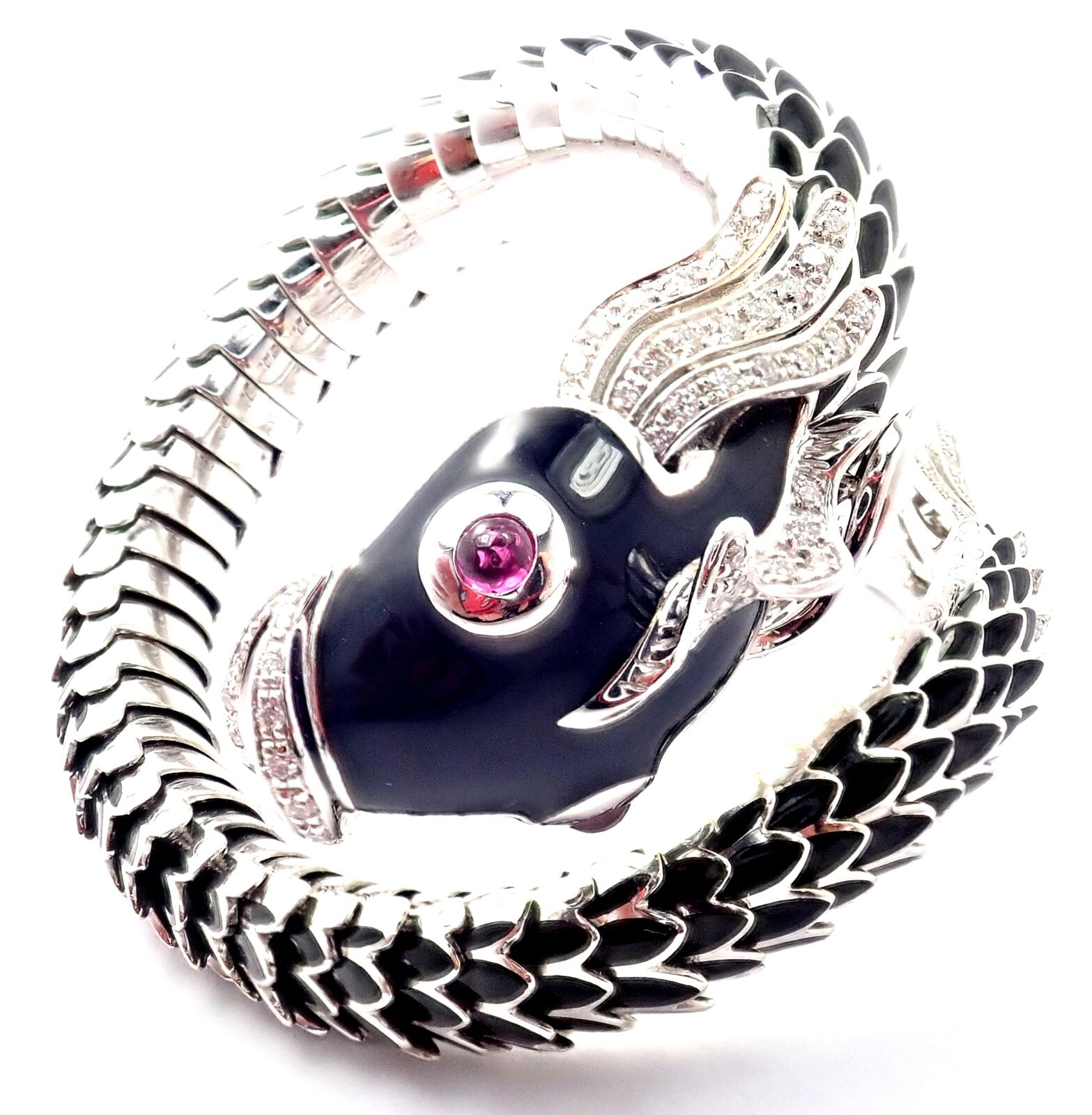 Authentic! Roberto Coin Nemo 18k White Gold Diamond Ruby Enamel Cuff Bracelet | Fortrove