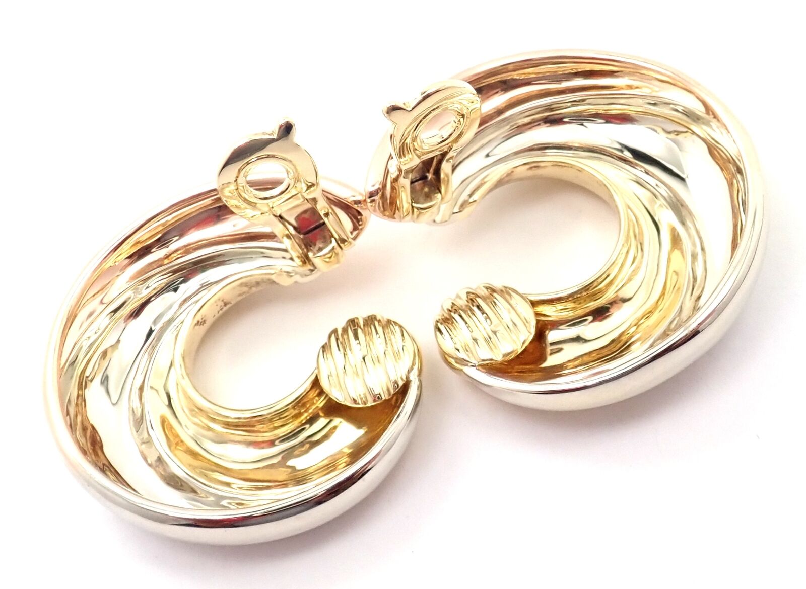 Authentic! Cartier 18k Tri-Color Gold Large Size Trinity Swirl Hoop Earrings | Fortrove