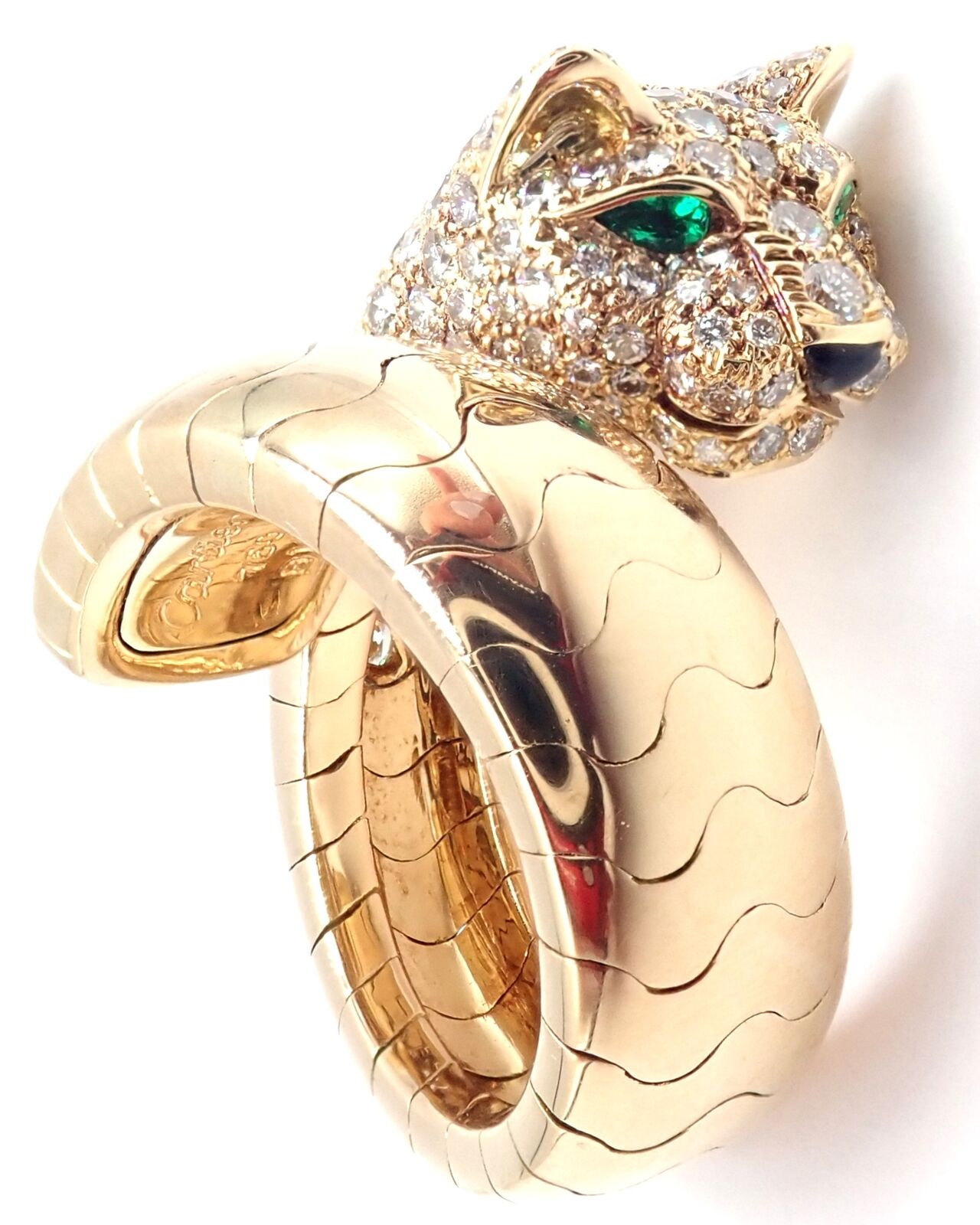 Authentic! Cartier Panther 18k Yellow Gold Diamond Emerald Onyx Band Ring | Fortrove